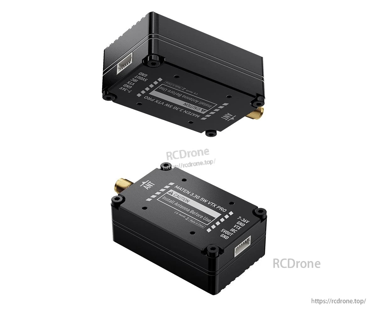 GEPRC MATEN 3.3G 5W VTX PRO module with SMA antenna port and 7–32V wiring pin labels