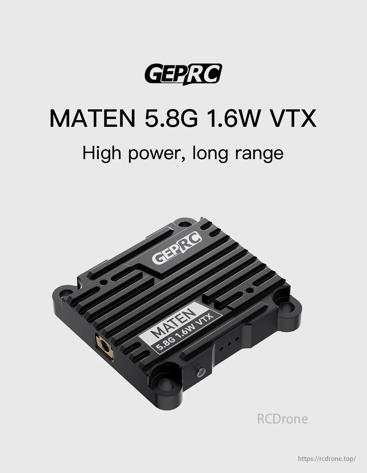 GEPRC MATEN 5.8G 1.6W VTX offers high-power, long-range video transmission for drones.