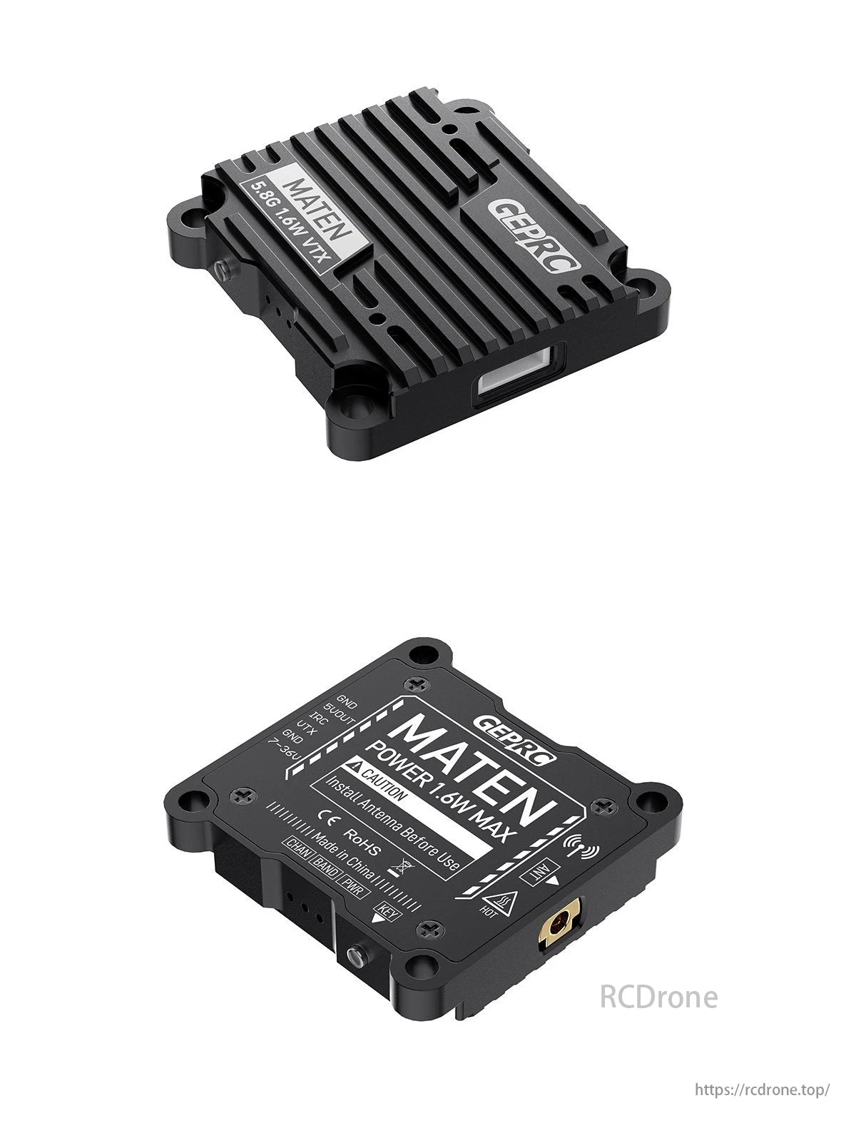 GEPRC MATEN 5.8G 1.6W VTX, made in China, RoHS compliant. Ensure proper antenna installation before use.
