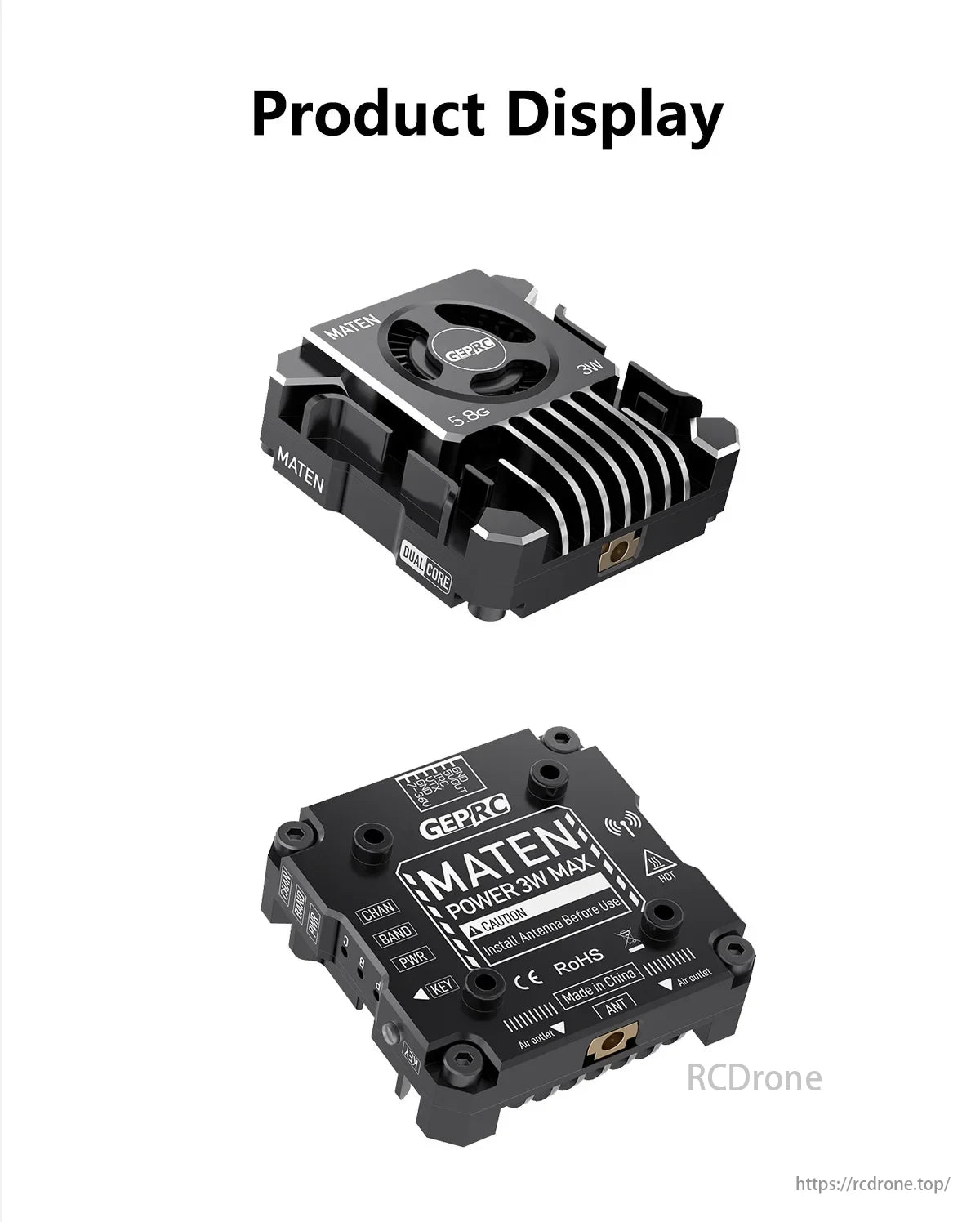 GEPRC MATEN 5.8G 3W VTX, dual-core, 3W max power, caution with antenna installation, made in China, RoHS compliant.