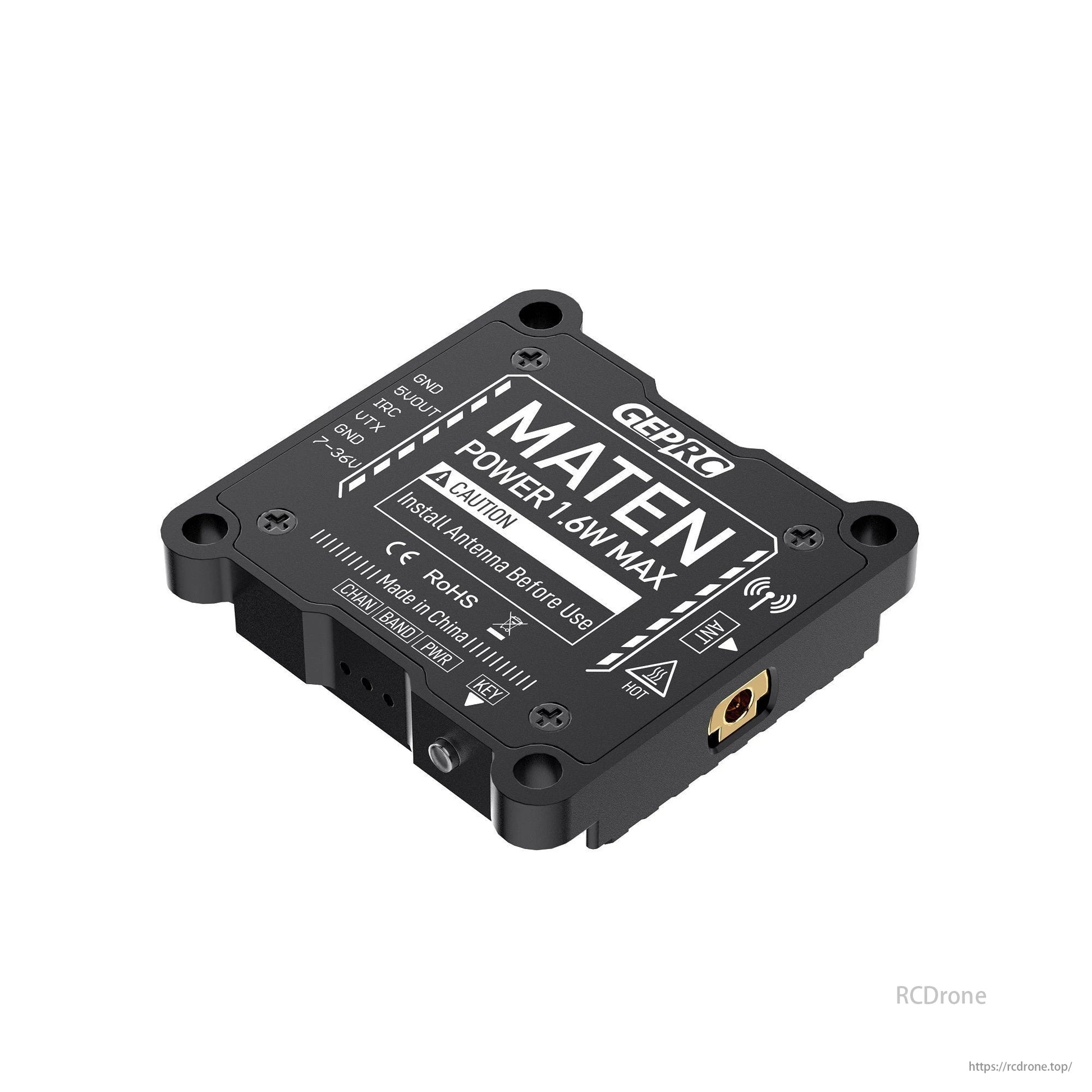 GEPRC MATEN 5.8G 1.6W VTX, GEPRC MATEN 5.8G VTX for FPV Drone, 1600mW, 72 channels, CNC case, IRC Tramp, 7–36V input. Add antenna. Hot surface warning. Made in China, RoHS compliant.