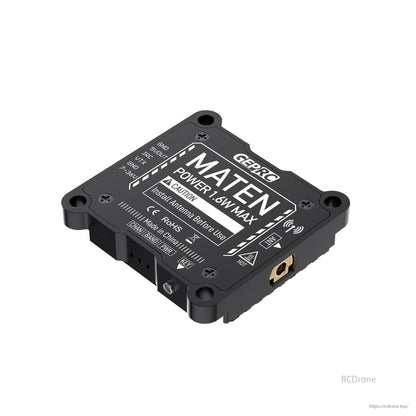 GEPRC MATEN 5.8G 1.6W VTX, GEPRC MATEN 5.8G VTX for FPV Drone, 1600mW, 72 channels, CNC case, IRC Tramp, 7–36V input. Add antenna. Hot surface warning. Made in China, RoHS compliant.