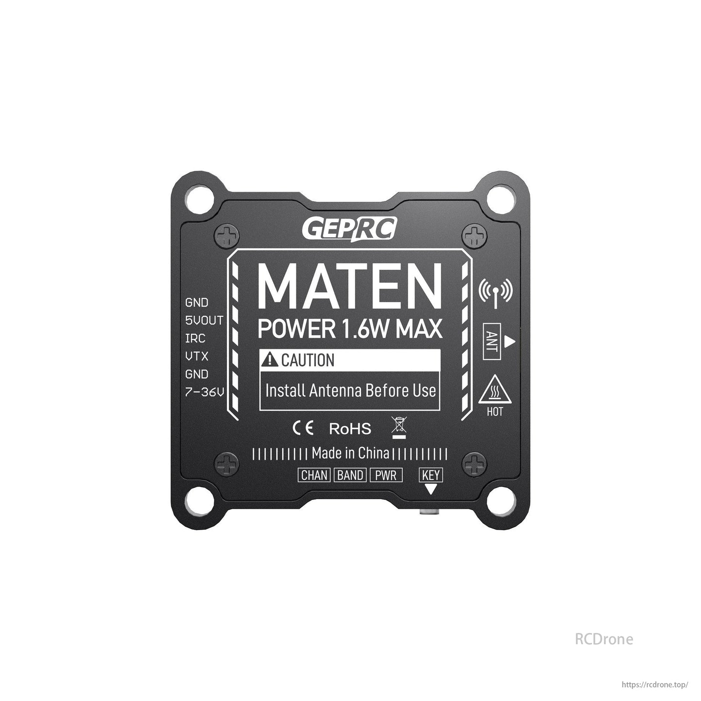 GEPRC MATEN 5.8G 1.6W VTX, GEPRC MATEN 5.8G VTX for FPV Drone, 1.6W, 72 channels, IRC Tramp, CNC case, 7-36V input. Install antenna before use. Made in China.