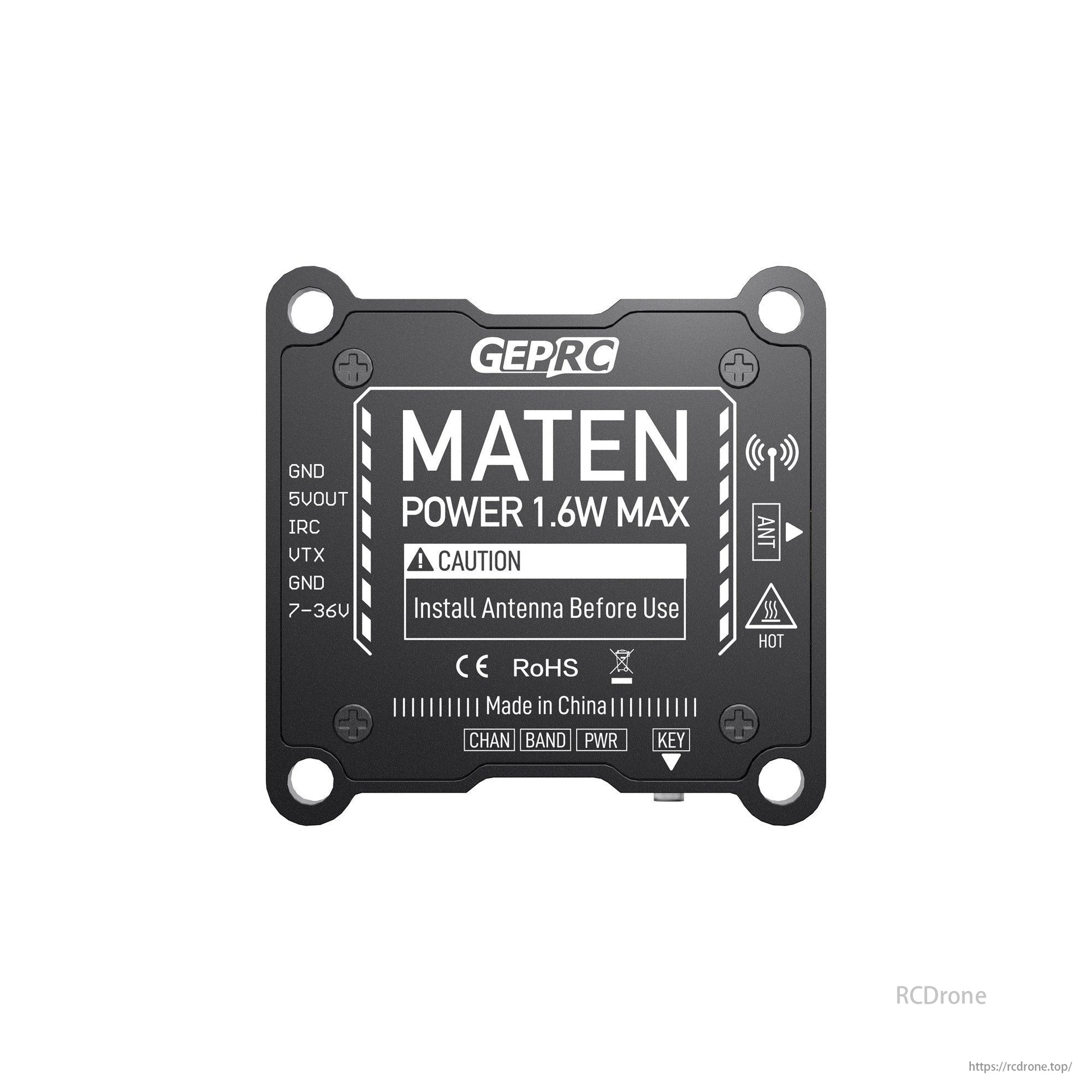 GEPRC MATEN 5.8G 1.6W VTX, GEPRC MATEN 5.8G VTX for FPV Drone, 1.6W, 72 channels, IRC Tramp, CNC case, 7-36V input. Install antenna before use. Made in China.
