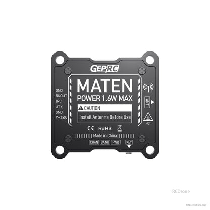 GEPRC MATEN 5.8G 1.6W VTX, GEPRC MATEN 5.8G VTX for FPV Drone, 1.6W, 72 channels, IRC Tramp, CNC case, 7-36V input. Install antenna before use. Made in China.