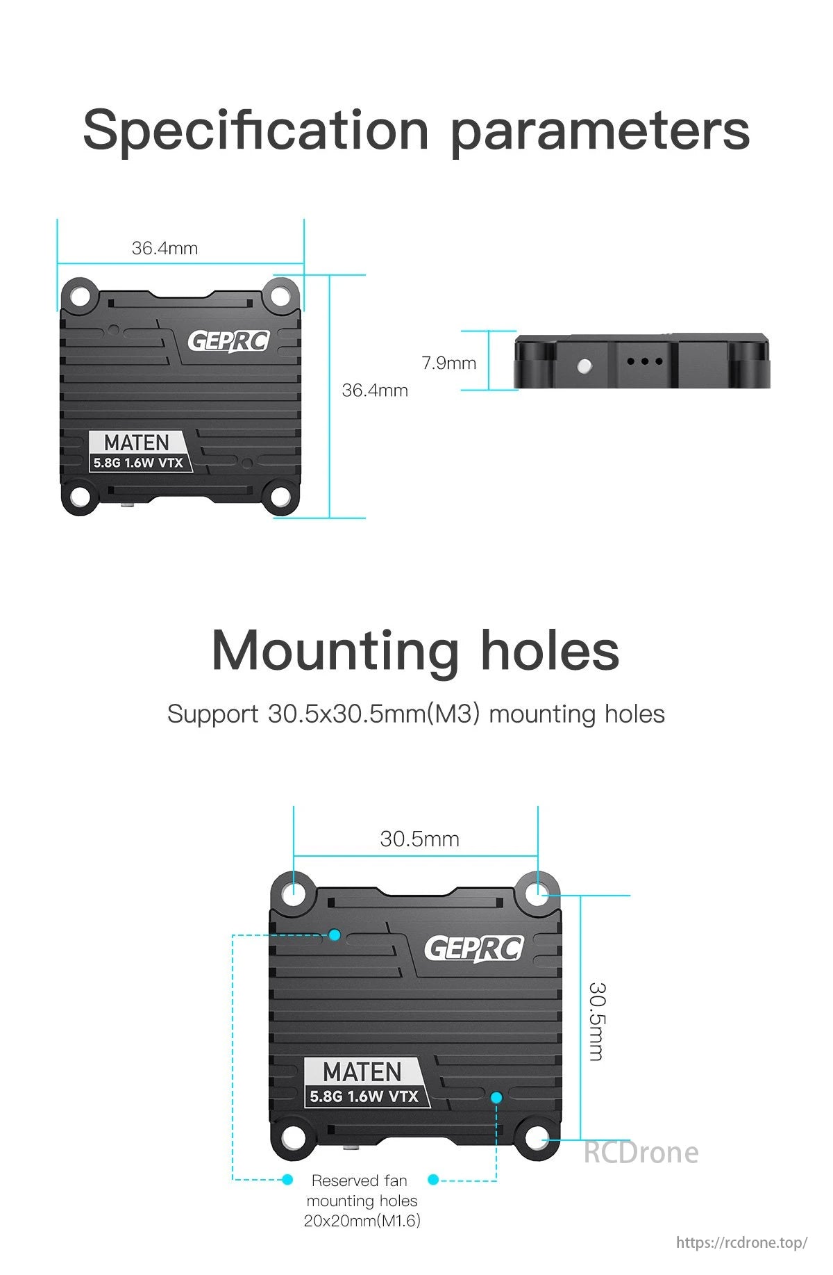 GEPRC MATEN 5.8G 1.6W VTX, GEPRC MATEN 5.8G VTX, 1.6W, compact 36.4x36.4x7.9mm size, M3 mounting holes, fan-compatible, ideal for FPV use.