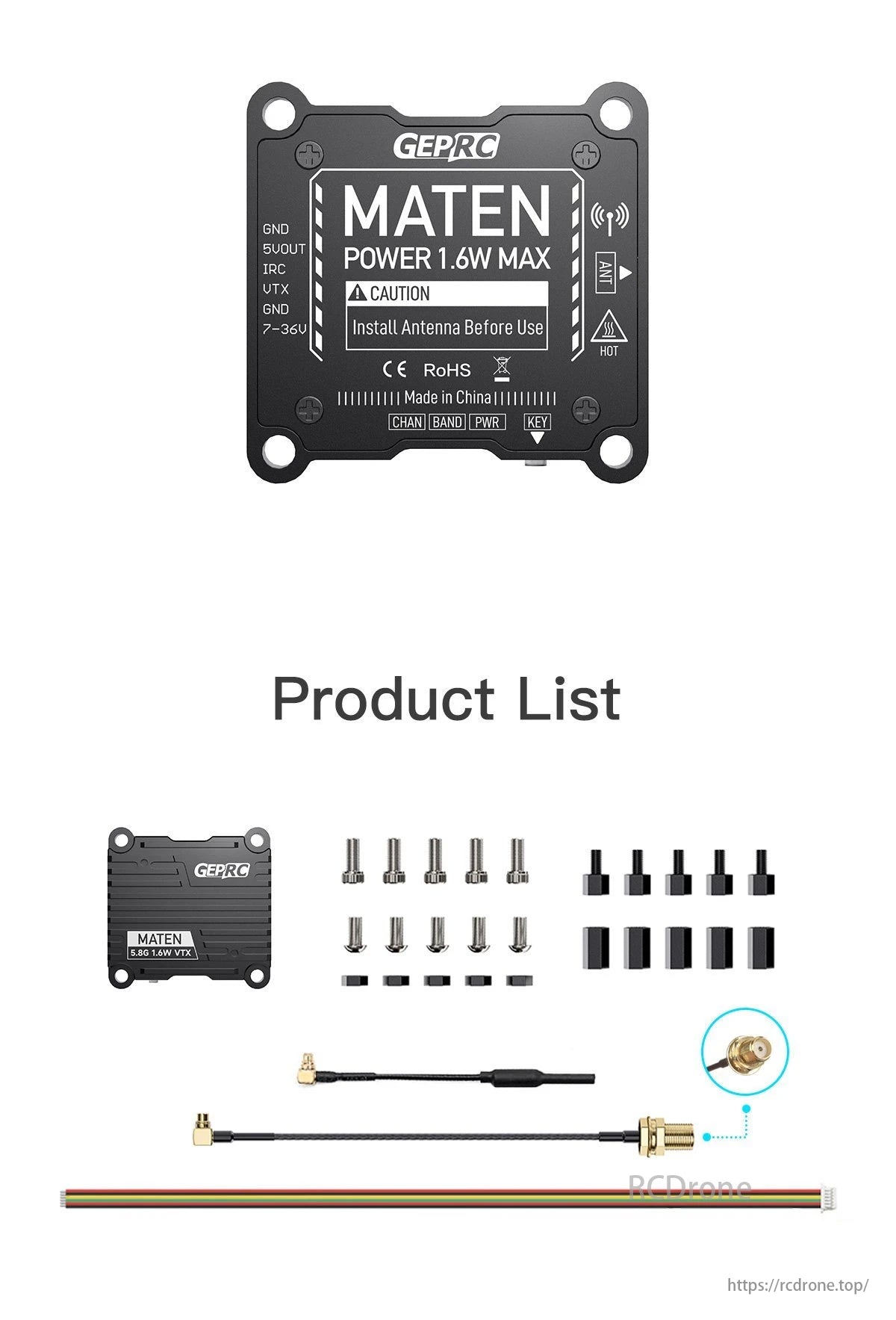 GEPRC MATEN 5.8G 1.6W VTX, GEPRC Maten 5.8GHz radio transmitter with high output power for long-range FPV applications.