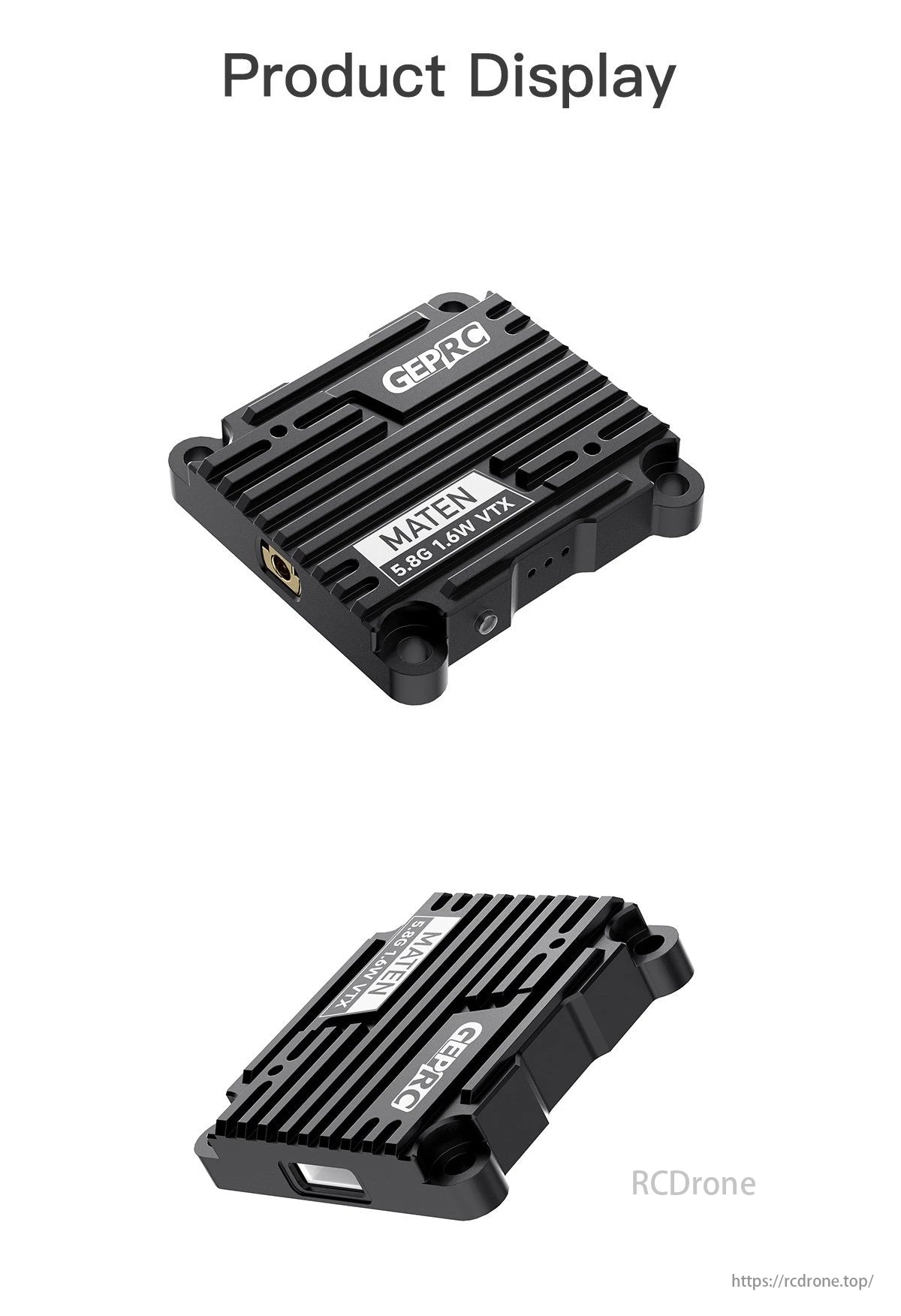 GEPRC MATEN 5.8G 1.6W VTX, GEPRC Maten 5.8 GHz video transmitter for RC drone racing with channel switching and power output control.