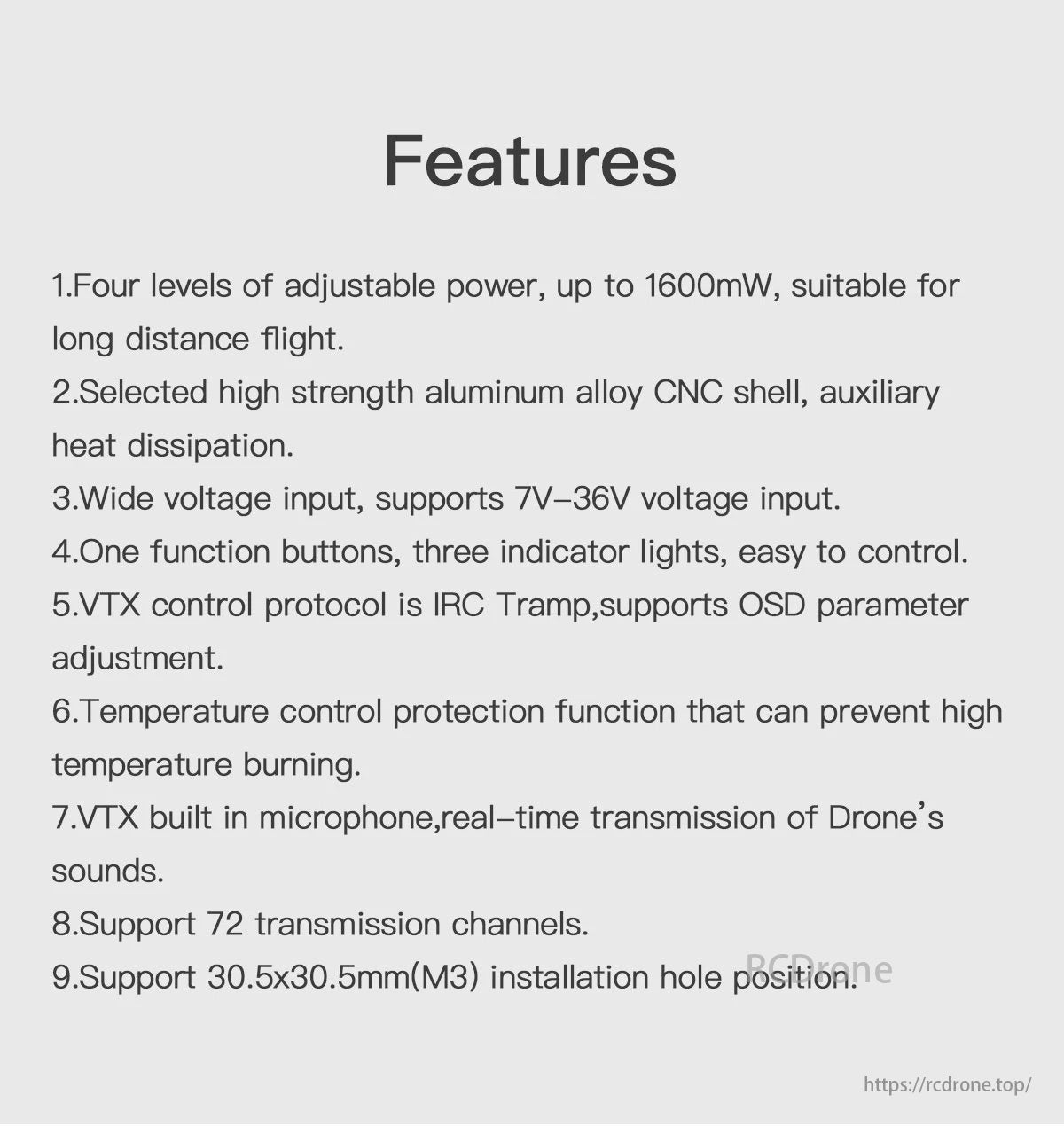 GEPRC MATEN 5.8G 1.6W VTX, A drone video transmitter with 1600mW power, aluminum body, 7-36V input, IRC Tramp protocol, temperature protection, microphone, 72 channels, and M3 mounting holes.
