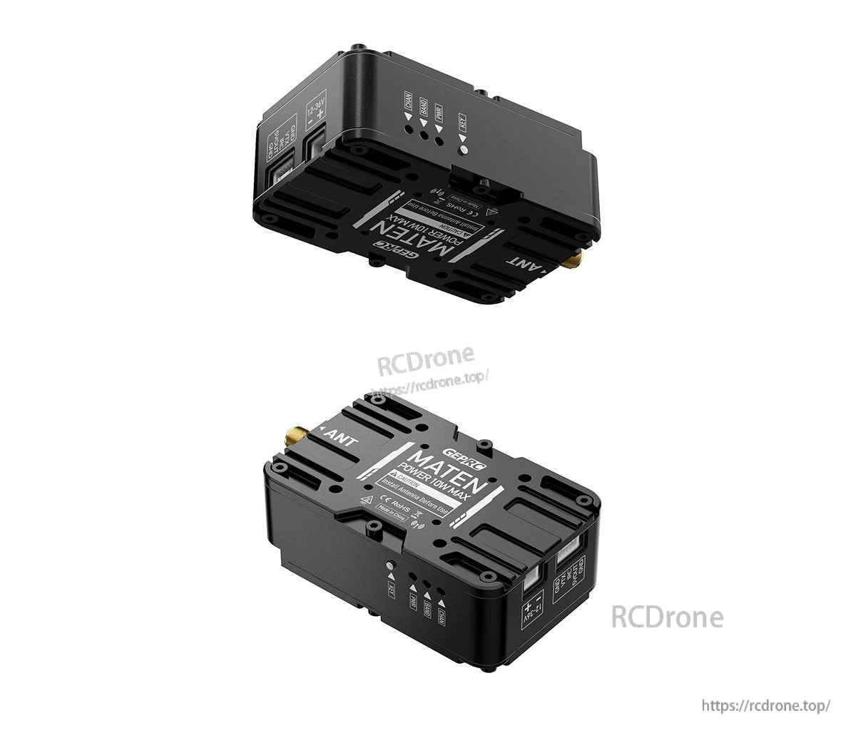 GEPRC MATEN 5.8G 10W VTX: 4884–6184MHz, 25mW–10W, 12–36V, Tramp-compatible, compact black with antenna port.
