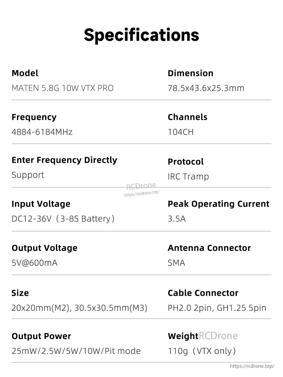 GEPRC MATEN 5.8G 10W VTX, MATEN 5.8G 10W VTX PRO: 104 channels, 25mW–10W, 12–36V input, 110g, supports IRC Tramp, SMA antenna, PH2.0/GH1.25 connectors.