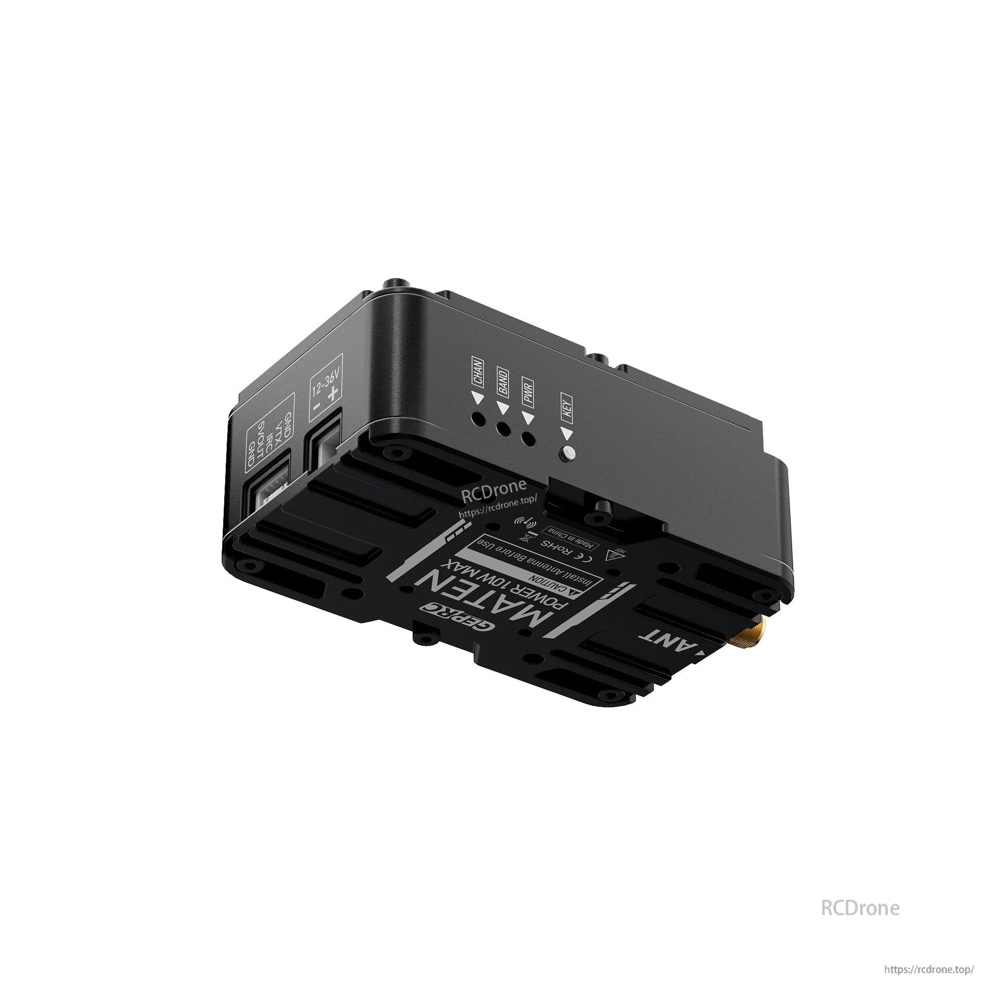 The GEPRC MATEN 5.8G 10W VTX PRO offers 25 mW–10 W power, 4884–6184 MHz range, IRC Tramp support, and CE/RoHS compliance; antenna must be installed before use.