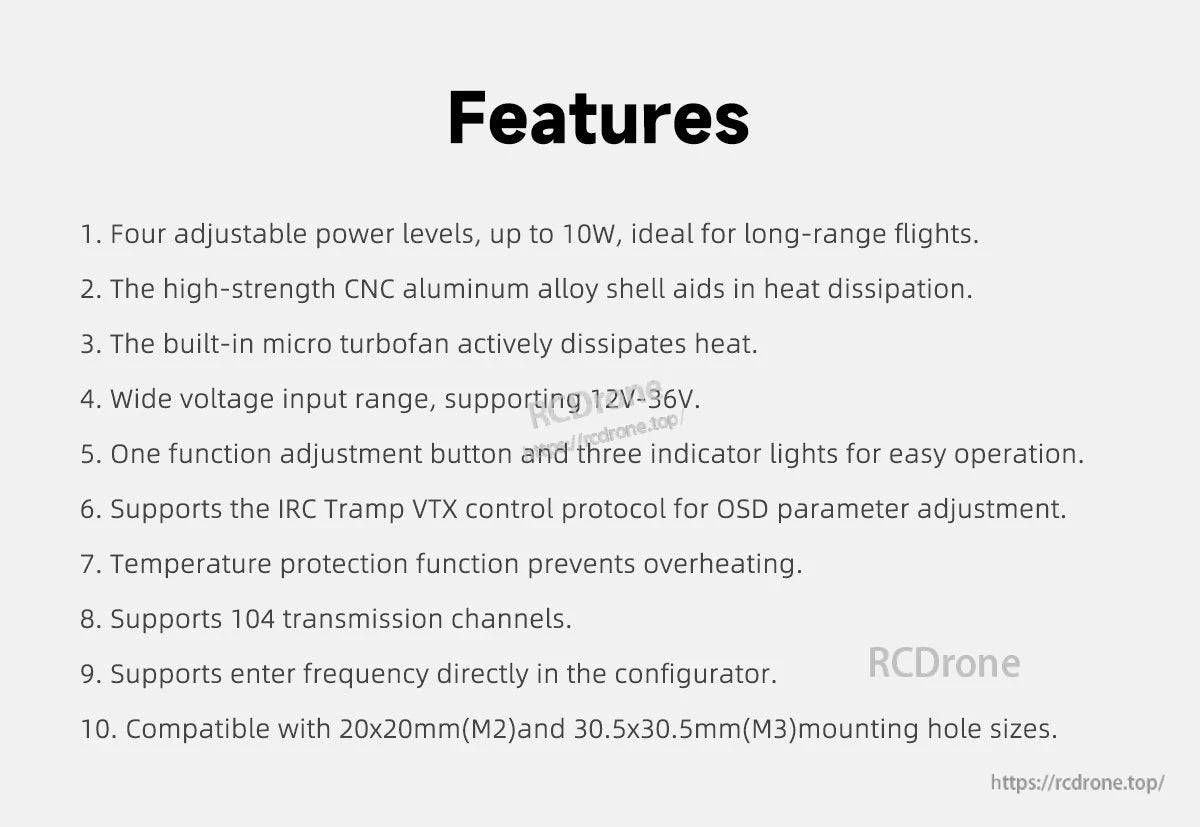GEPRC MATEN 5.8G 10W VTX, Features: 4 power levels up to 10W, aluminum shell, turbofan cooling, 12V–36V input, Tramp VTX support, 104 channels, direct frequency entry, M2/M3 mounting.