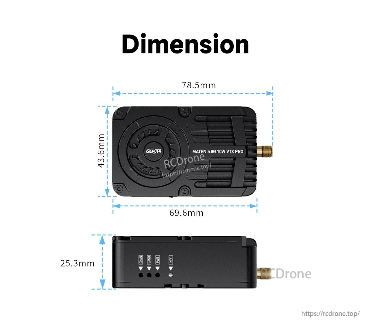 GEPRC MATEN 5.8G 10W VTX PRO: compact, wide frequency/power range, 12–36V input, supports IRC Tramp protocol.