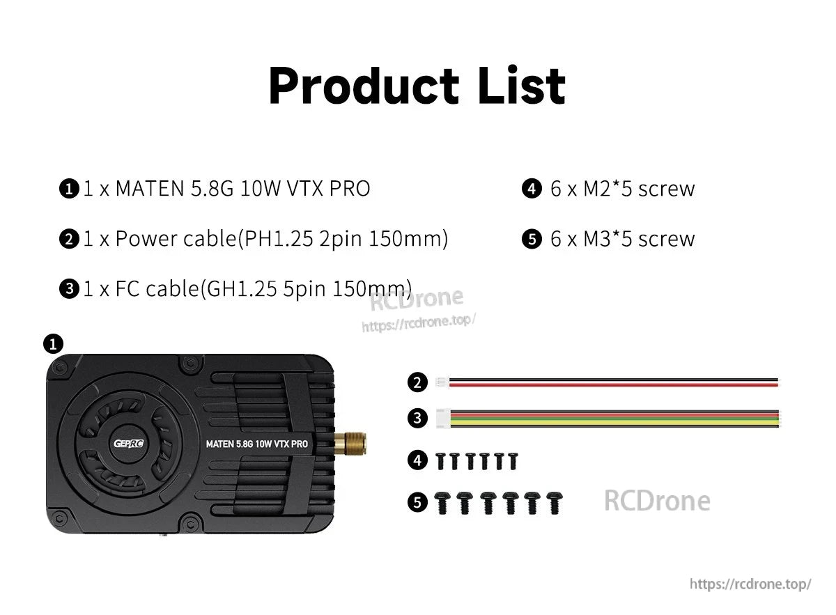 GEPRC MATEN 5.8G 10W VTX, Includes MATEN 5.8G 10W VTX PRO kit; 4884–6184MHz, 25mW–10W, DC12–36V, IRC Tramp compatible.