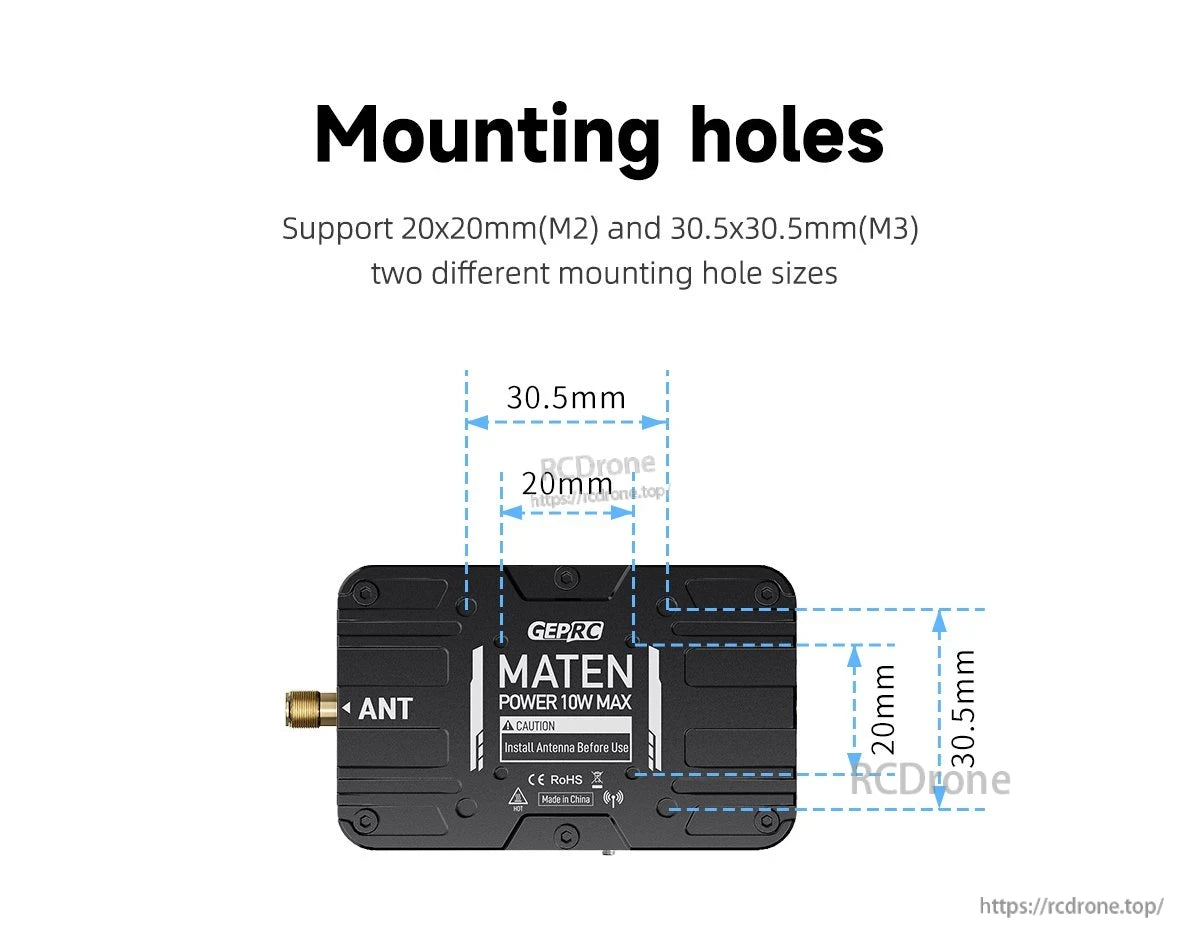 GEPRC MATEN 5.8G 10W VTX, Supports 20x20mm M2 and 30.5x30.5mm M3 mounts; 10W max power; install antenna first; made in China.