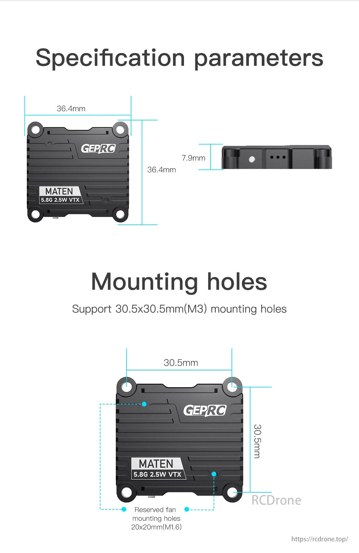 GEPRC MATEN 5.8G 2.5W VTX, A small VTX with a size of 36.4mm x 7.9mm, featuring M3 mounting holes and reserved fan mounting holes.