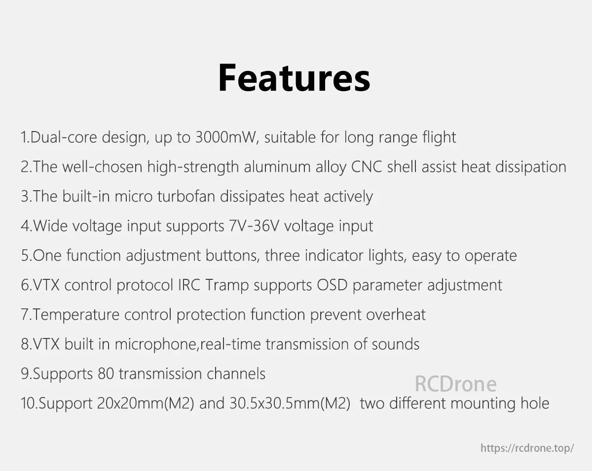 GEPRC MATEN 5.8G 3W VTX, Powerful dual-core 3000mW transmitter with aluminum shell, cooling system, wide voltage input, IRC Tramp protocol, temperature protection, mic, 80 channels, and versatile mounting options.