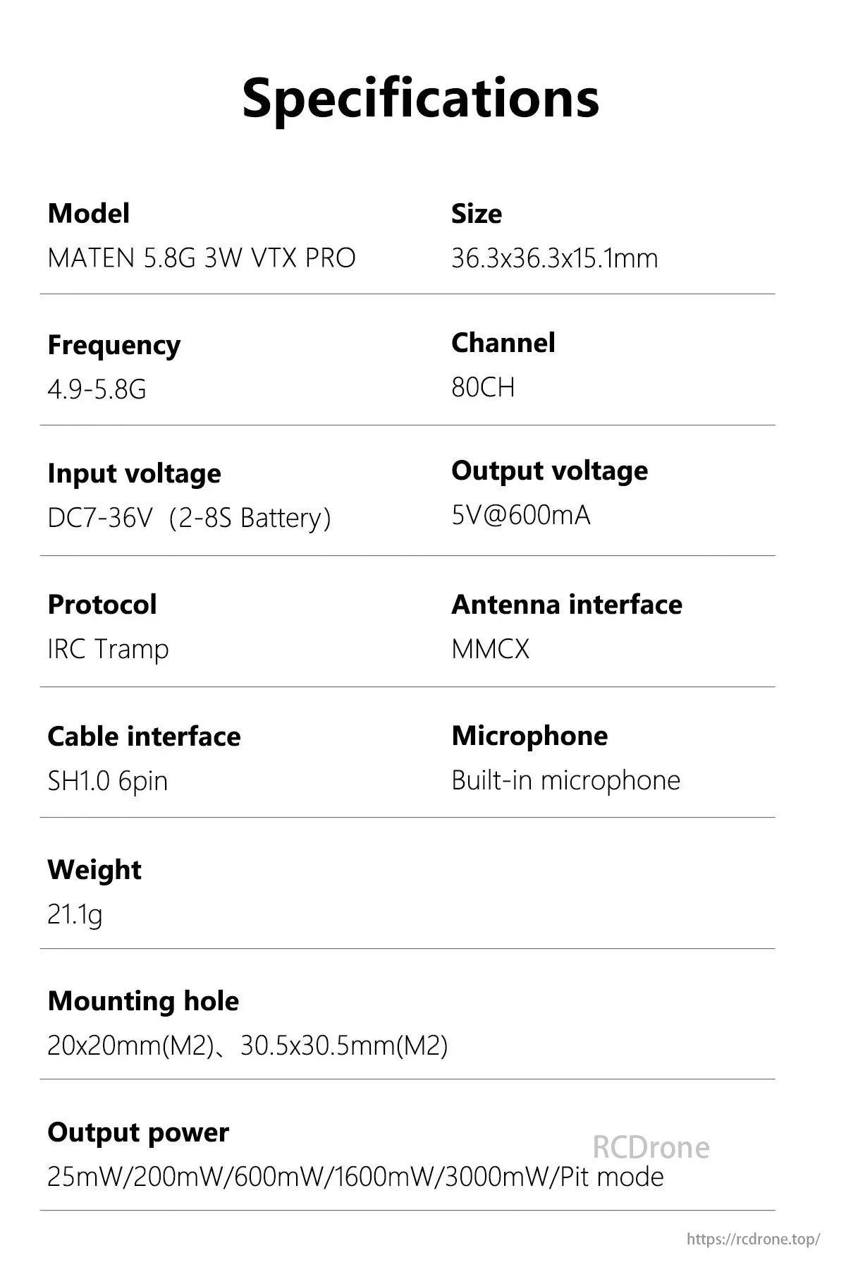 GEPRC MATEN 5.8G 3W VTX, MATEN 5.8G 3W VTX PRO: A compact, powerful video transmitter for drones with adjustable power, wide frequency range, and multiple mounting options.