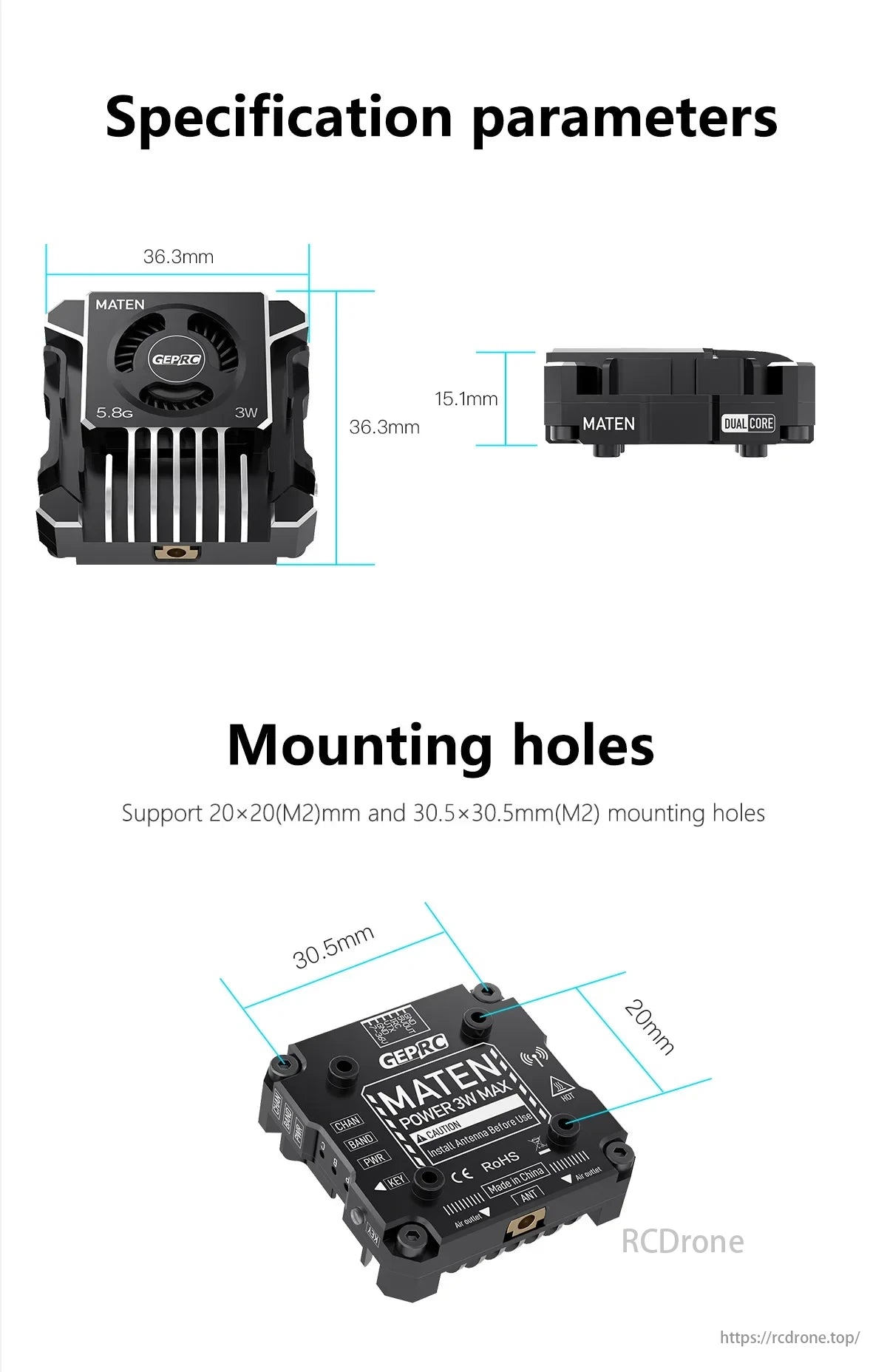 GEPRC MATEN 5.8G 3W VTX, sized 36.3x36.3x15.1mm, features dual-core design, cooling fan, heatsink, and supports 20x20mm & 30.5x30.5mm mounting holes.