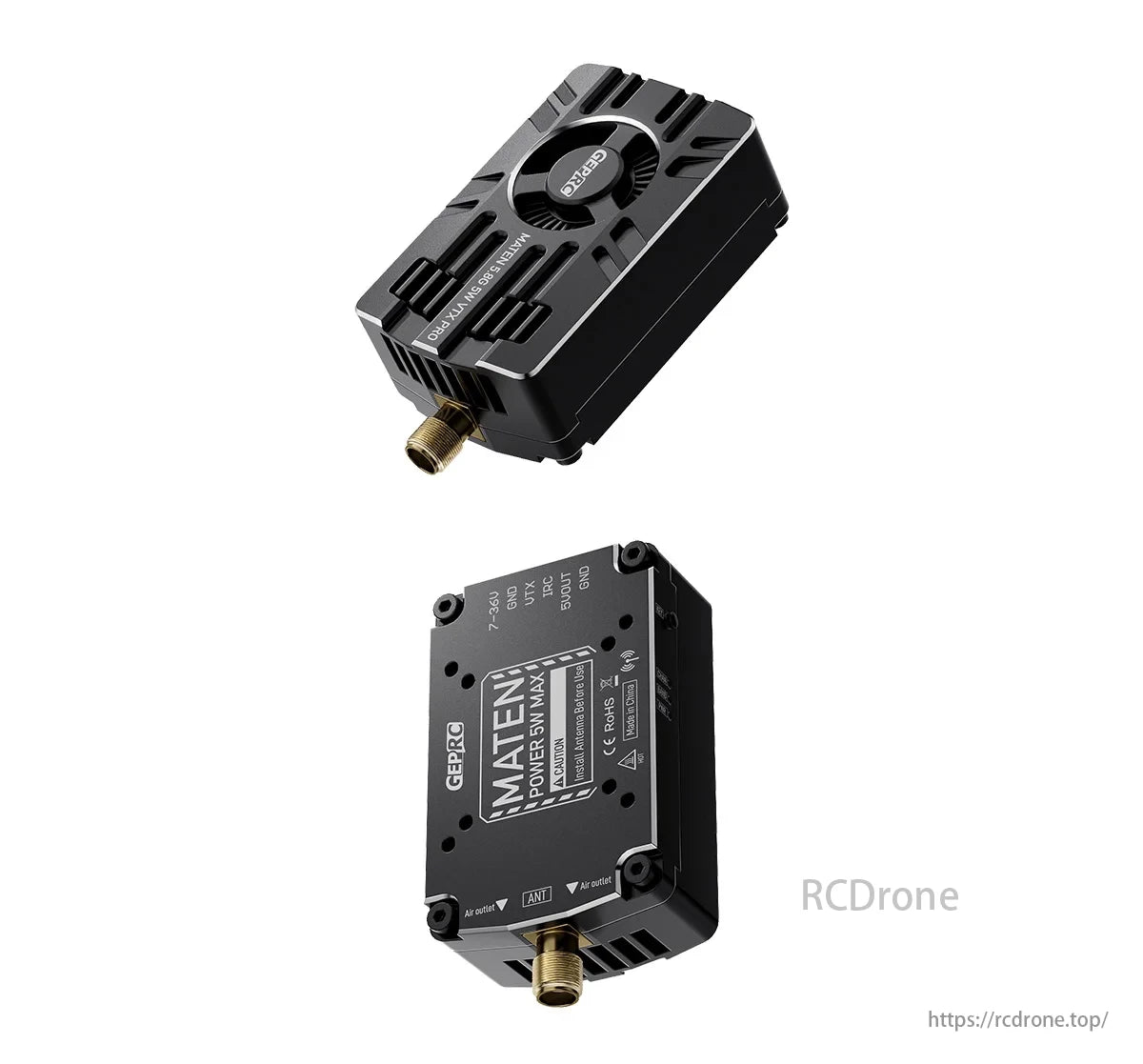 GEPRC MATEN 5.8G 5W VTX transmitter features a cooling fan and antenna port for efficient performance and heat management.