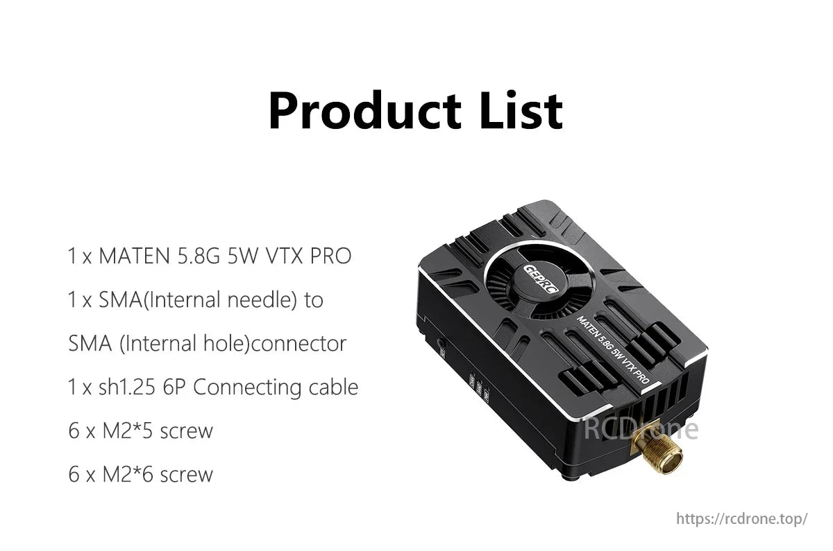GEPRC MATEN 5.8G 5W VTX PRO set includes VTX, SMA connector, cable, and screws.