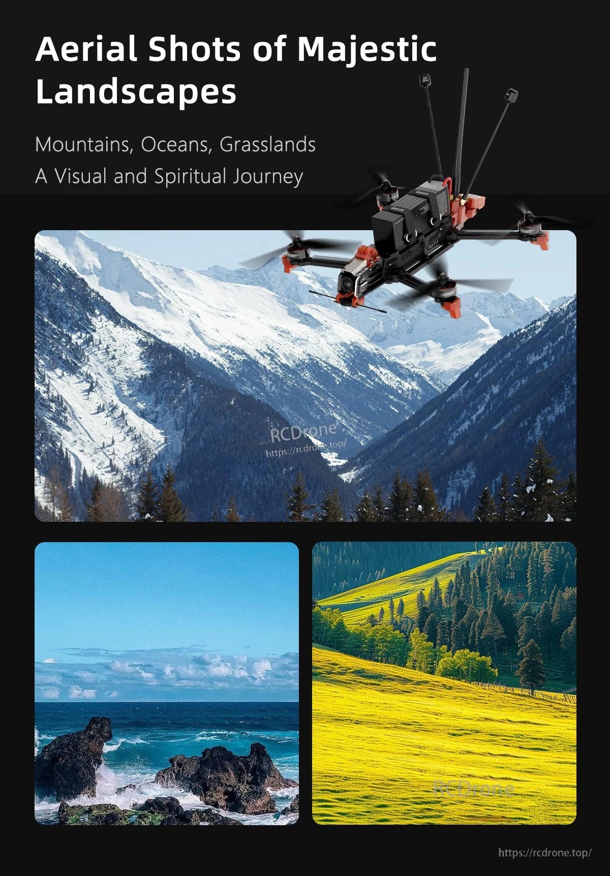 GEPRC MOZ7 V2 Analog Long Range FPV, GEPRC MOZ7 V2 analog long-range FPV drone graphic with aerial landscape shots of mountains, ocean, and grasslands