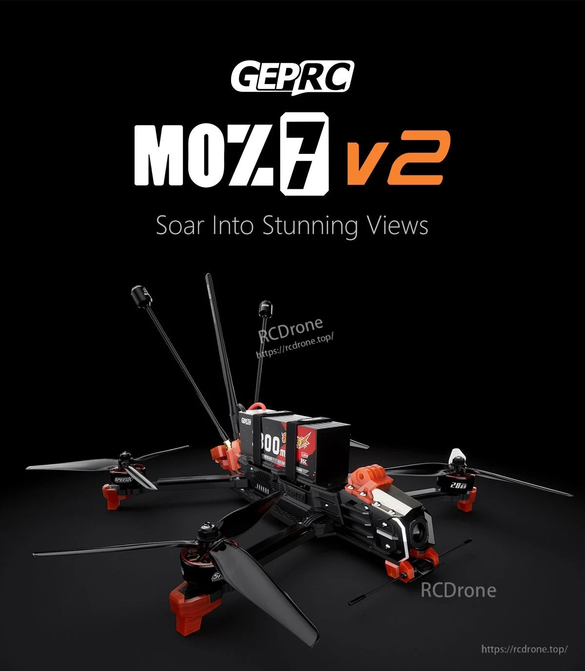 GEPRC MOZ7 V2 Analog Long Range FPV, GEPRC MOZ7 V2 FPV drone with long-range antennas, front camera mount, and twin battery setup on top