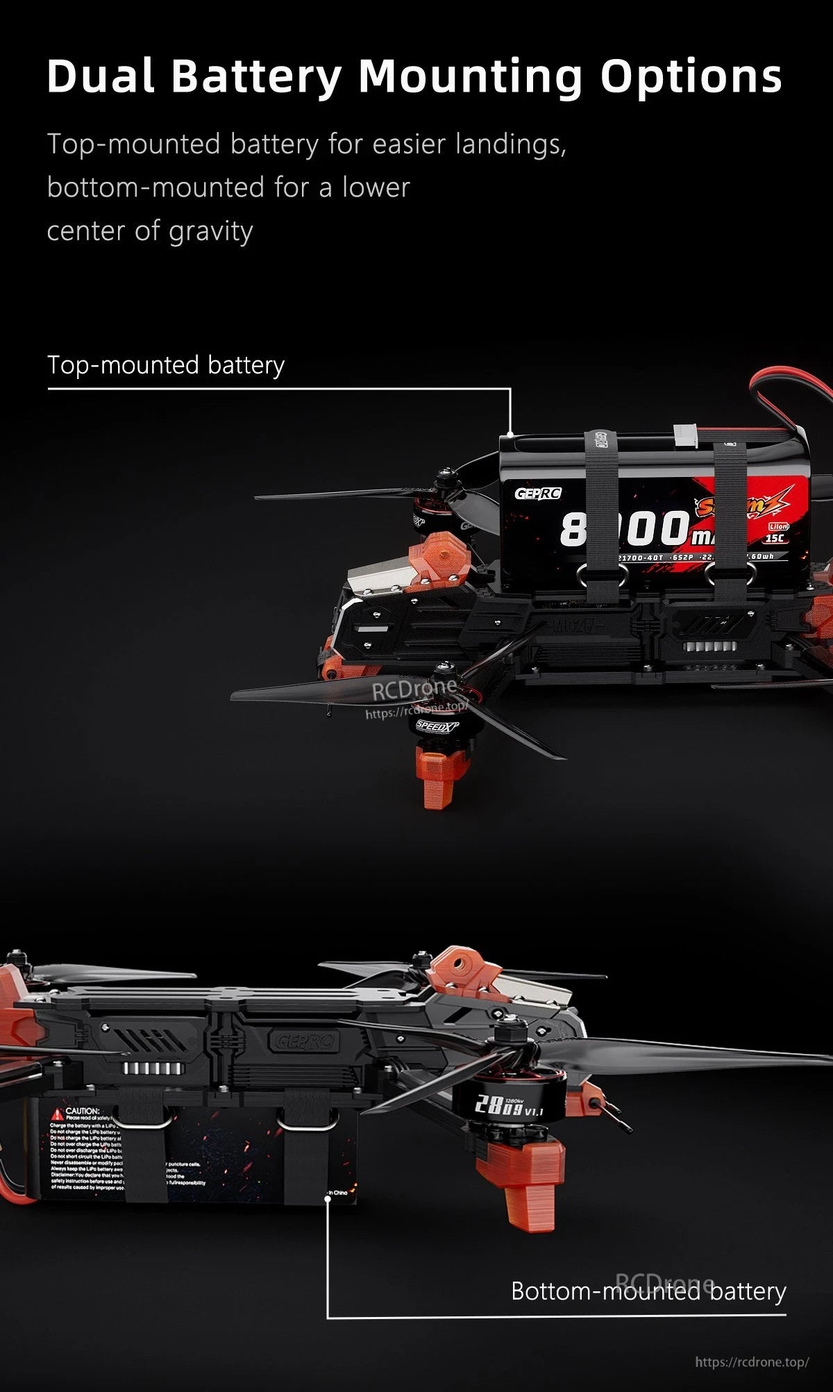 GEPRC MOZ7 V2 Analog Long Range FPV, GEPRC MOZ7 V2 FPV drone showing dual battery mounting options with LiPo strapped on top or bottom