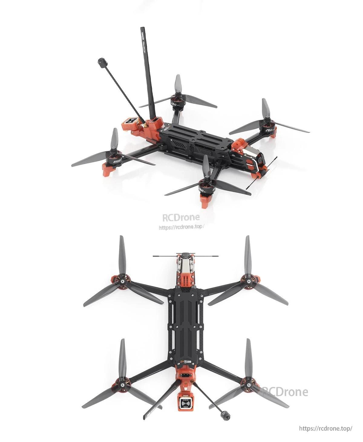 GEPRC MOZ7 V2 Analog Long Range FPV, Top and bottom view of GEPRC MOZ7 V2 analog FPV quadcopter with 4 propellers, long antennas, and orange mounts