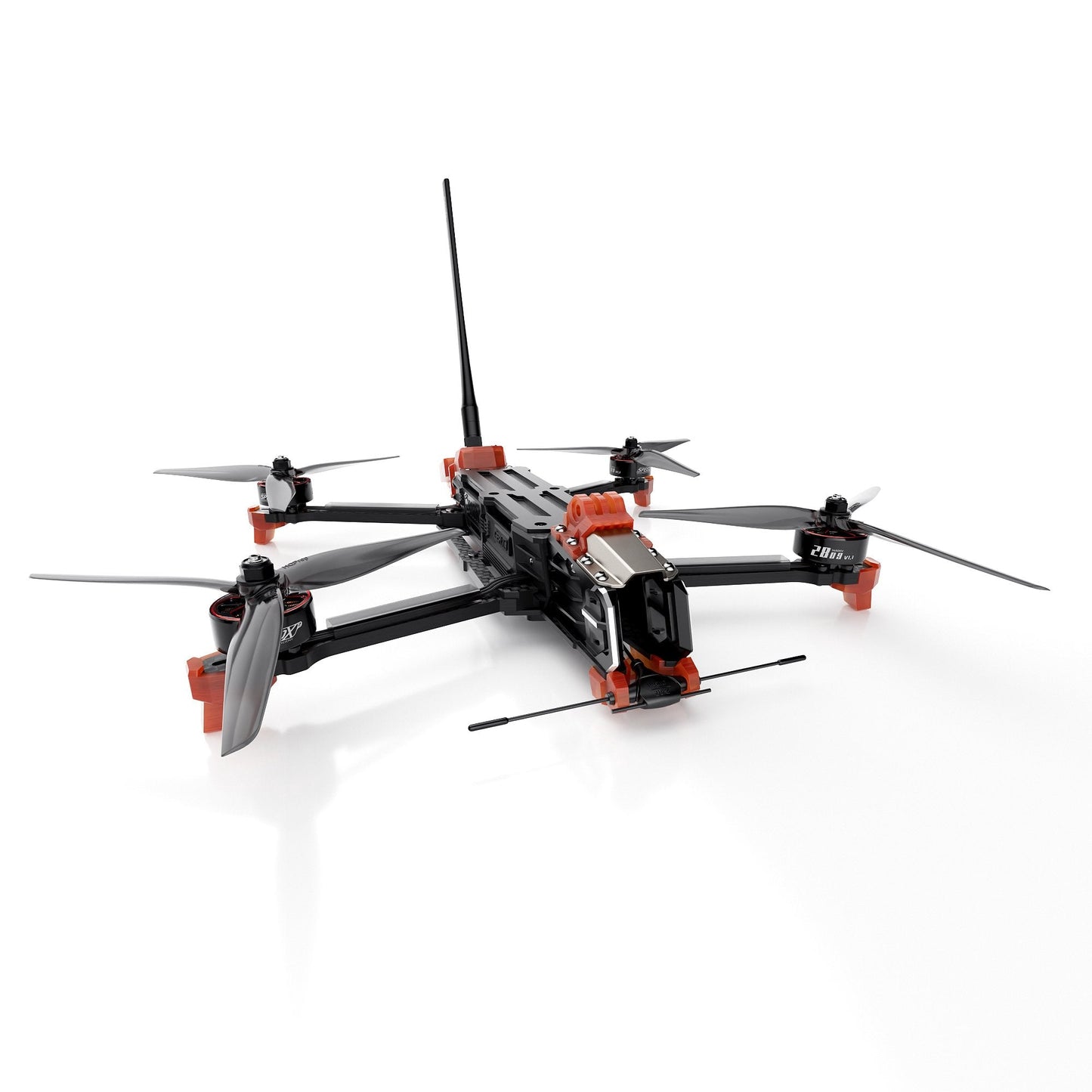 GEPRC MOZ7 V2 WTFPV, GEPRC MOZ7 V2 FPV quadcopter drone with black frame, orange mounts, four propellers, and top antenna