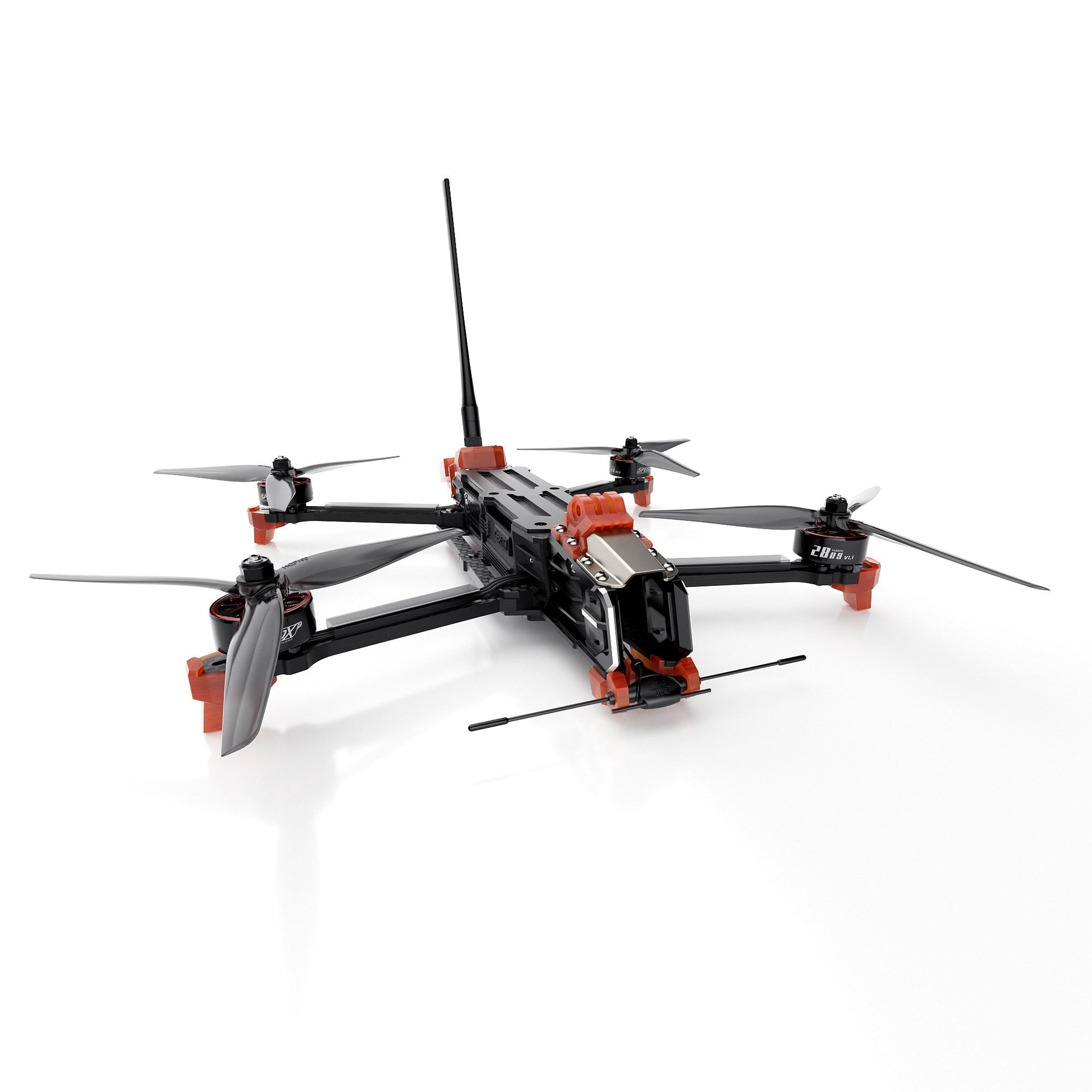 GEPRC MOZ7 V2 WTFPV, GEPRC MOZ7 V2 FPV quadcopter drone with black frame, orange mounts, four propellers, and top antenna