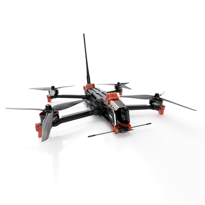 GEPRC MOZ7 V2 WTFPV, GEPRC MOZ7 V2 FPV quadcopter drone with black frame, orange mounts, four propellers, and top antenna