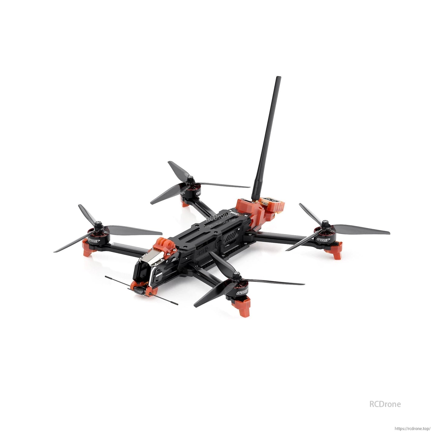 GEPRC MOZ7 V2 WTFPV, GEPRC MOZ7 V2 FPV quadcopter with black frame, orange mounts, four propellers and a tall rear antenna