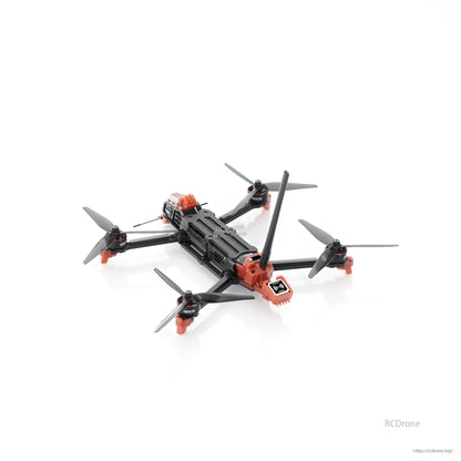GEPRC MOZ7 V2 WTFPV FPV quadcopter with black frame, four propellers, orange mounts, and dual antennas