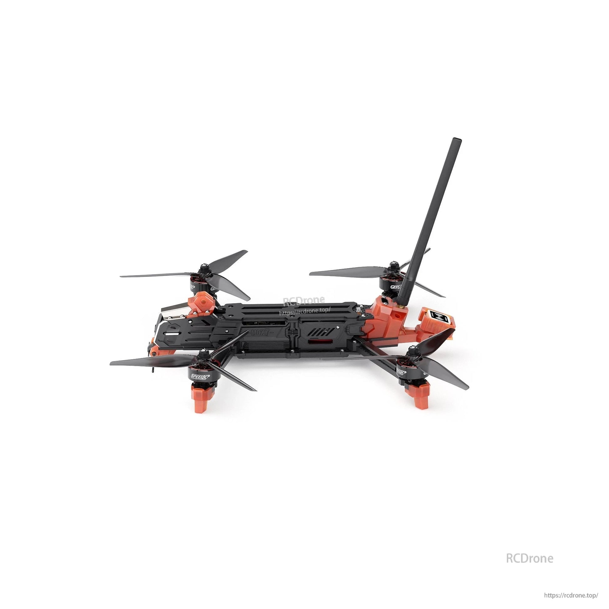 GEPRC MOZ7 V2 WTFPV, GEPRC MOZ7 V2 FPV drone with black flat frame, orange motor mounts, four propellers, and a tall antenna