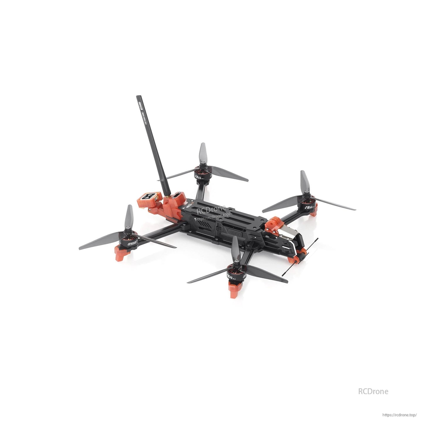 GEPRC MOZ7 V2 WTFPV, GEPRC MOZ7 V2 FPV quadcopter drone with four propellers, orange motor mounts, and a long antenna