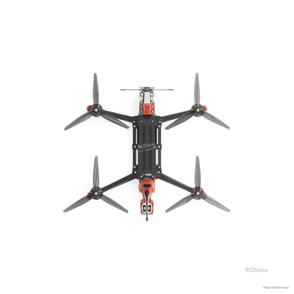 GEPRC MOZ7 V2 WTFPV, Top-down view of GEPRC MOZ7 V2 FPV quadcopter with carbon fiber frame, orange mounts, and four tri-blade props