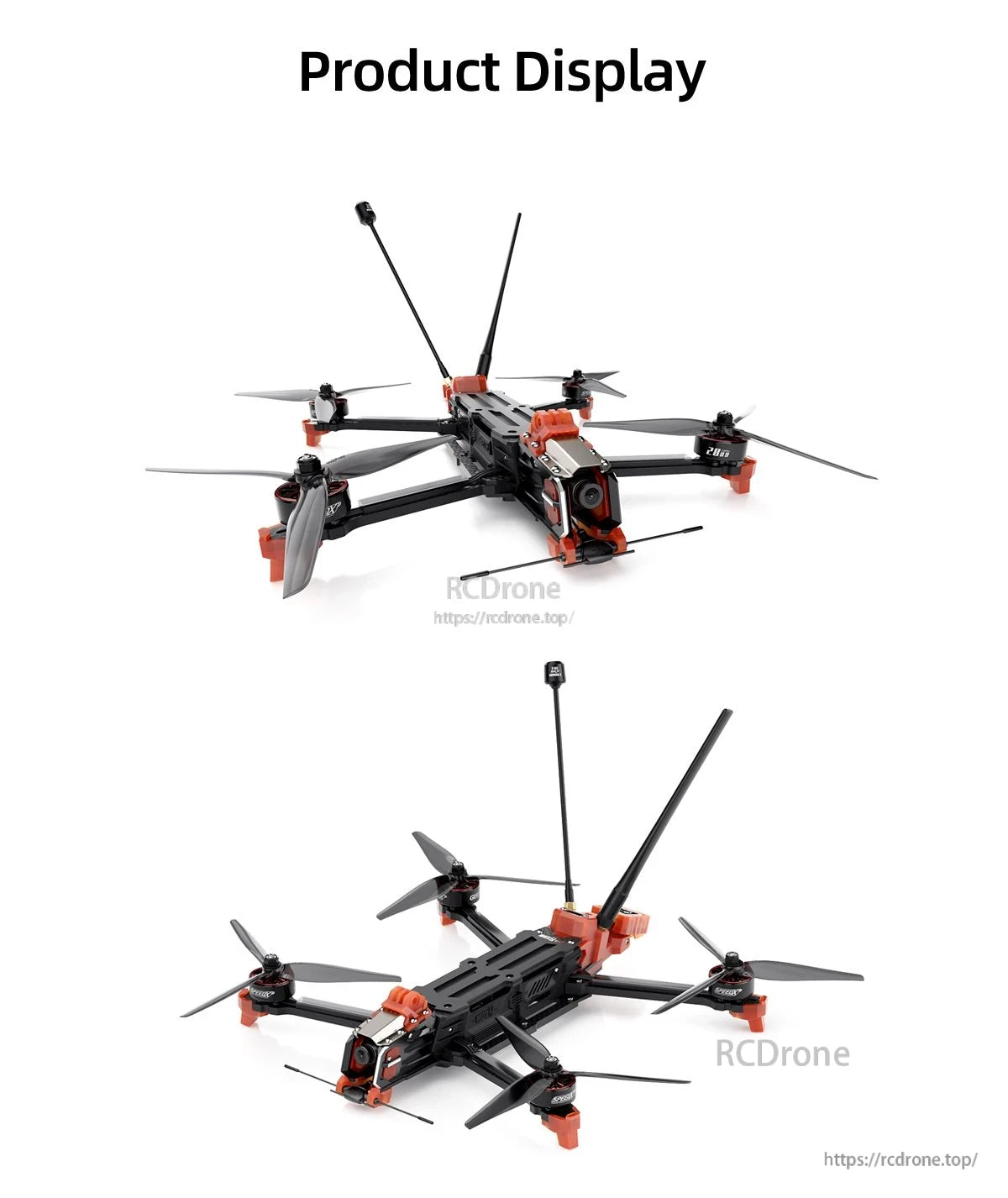 GEPRC MOZ7 V2 Analog Long Range FPV, GEPRC MOZ7 V2 analog long-range FPV drone with orange accents, front FPV camera, and dual antennas