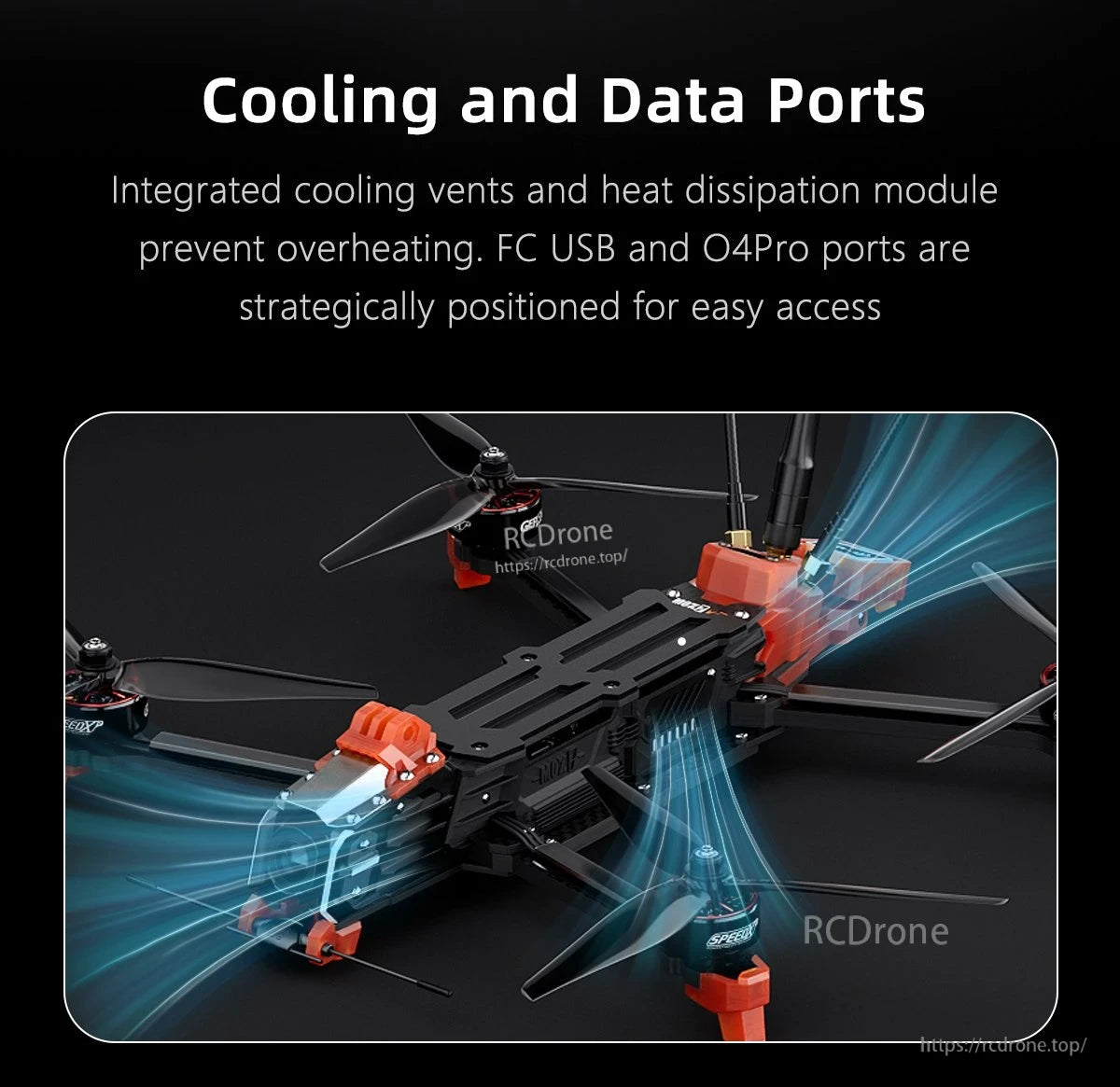 GEPRC MOZ7 V2 Analog Long Range FPV, GEPRC MOZ7 V2 FPV drone frame with integrated cooling vents and easy-access FC USB and O4Pro ports