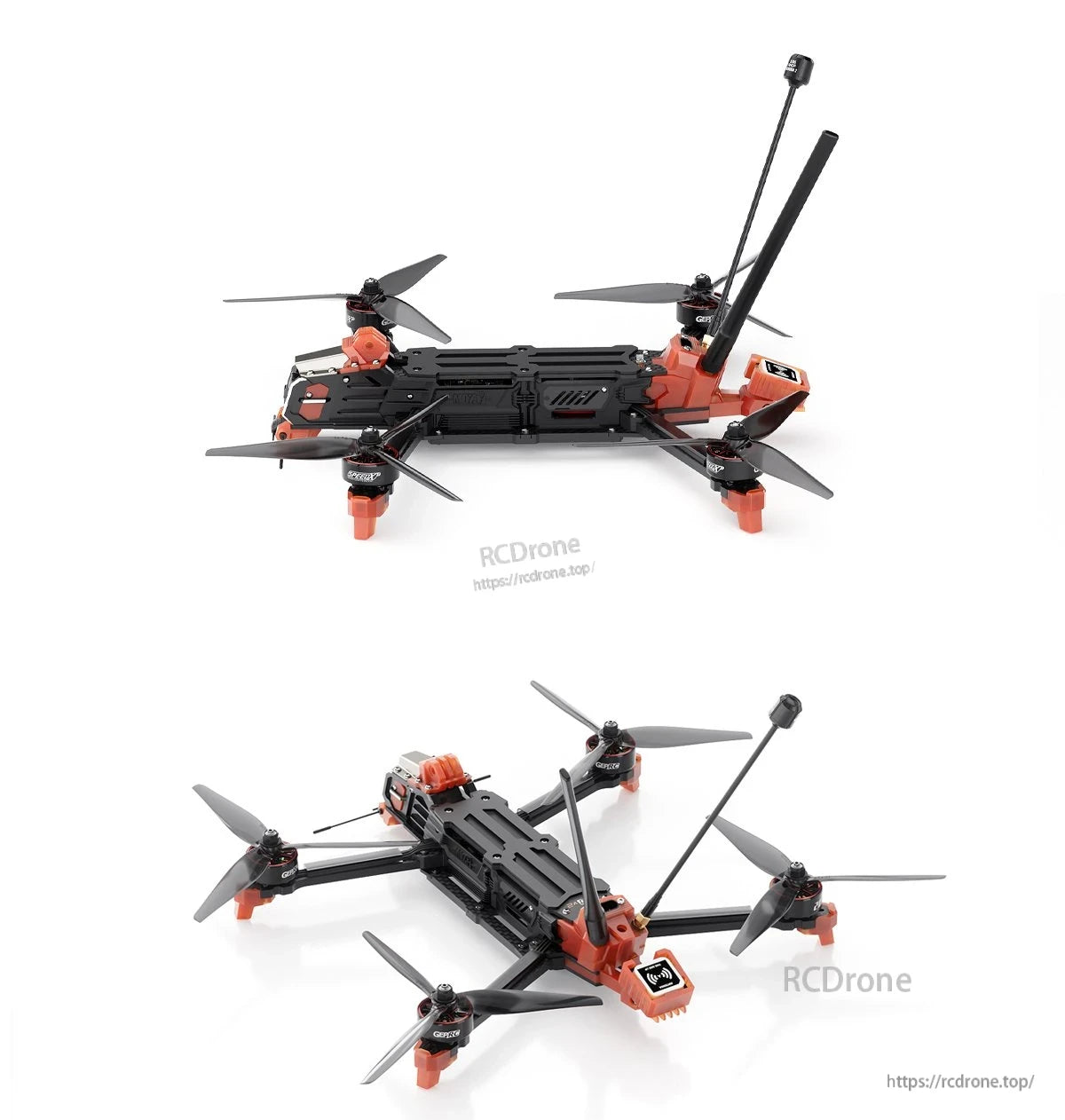 GEPRC MOZ7 V2 Analog Long Range FPV, GEPRC MOZ7 V2 analog long-range FPV drone in orange and black with quad propellers and dual antennas