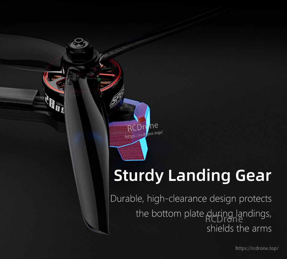 GEPRC MOZ7 V2 Analog Long Range FPV, Close-up of GEPRC MOZ7 V2 FPV drone motor and prop with sturdy high-clearance landing gear foot