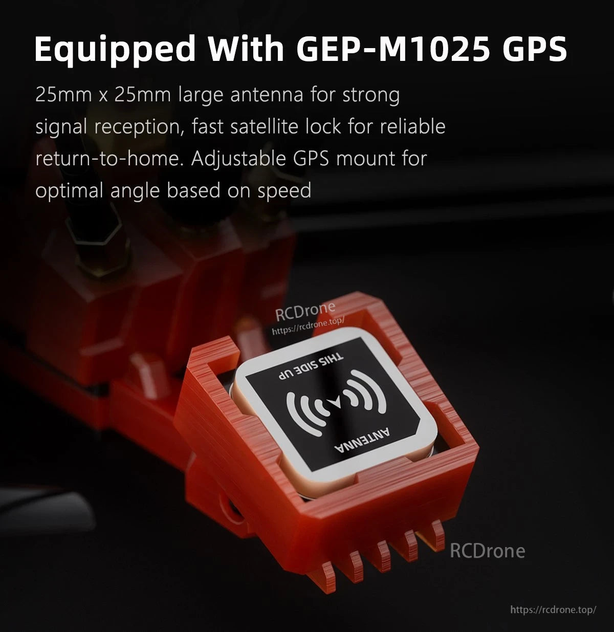GEPRC MOZ7 V2 Analog Long Range FPV, Close-up of GEP-M1025 GPS module with 25x25mm antenna in a red mount on the GEPRC MOZ7 V2 FPV drone
