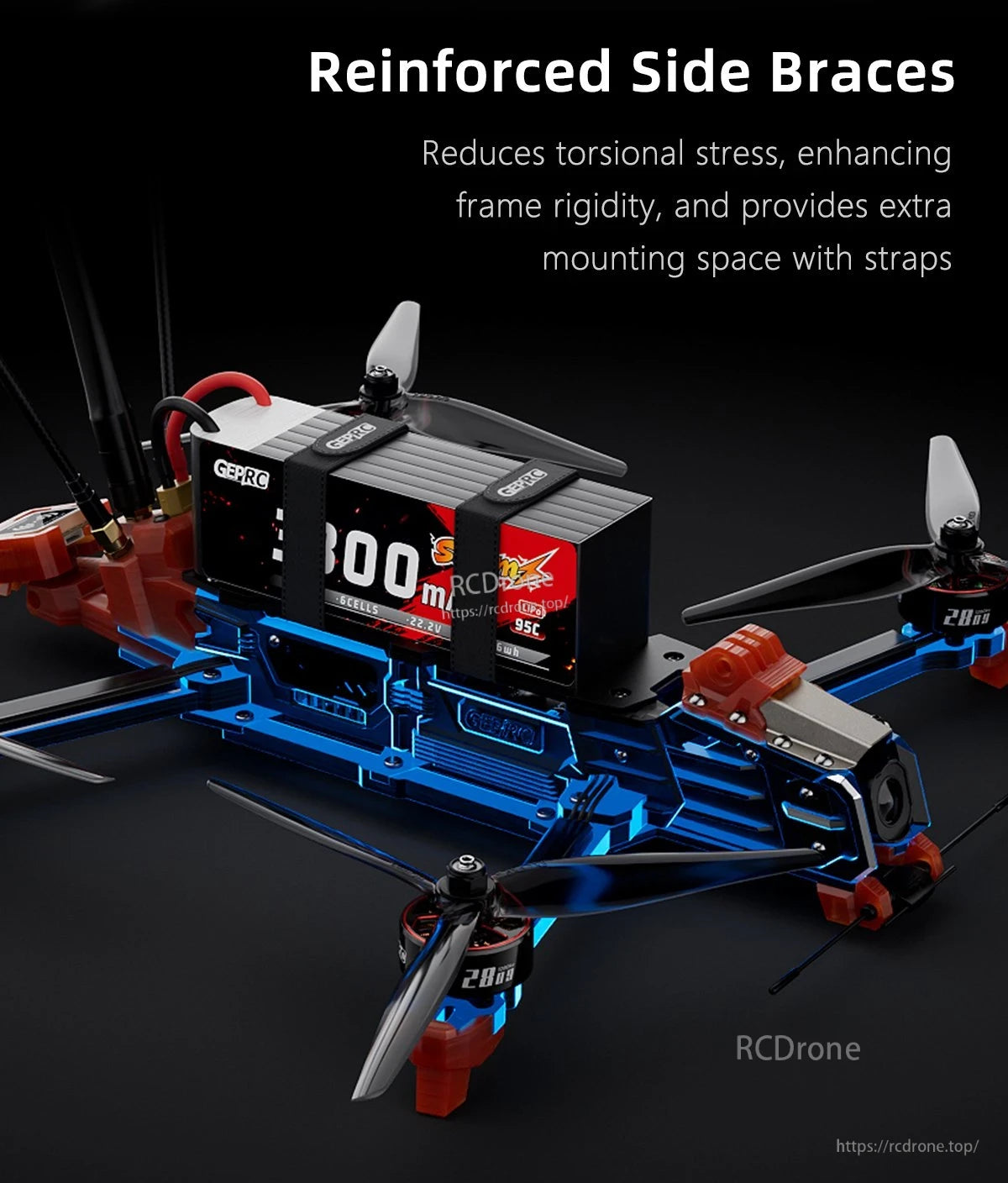 GEPRC MOZ7 V2 Analog Long Range FPV, GEPRC MOZ7 V2 FPV drone frame with reinforced side braces and top-mounted LiPo battery secured by dual straps