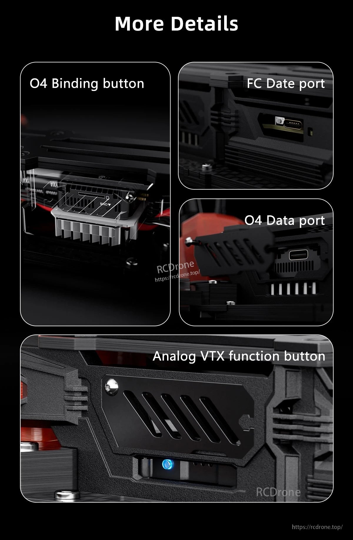 GEPRC MOZ7 V2 WTFPV, GEPRC MOZ7 V2 FPV drone close-ups showing O4 binding button, FC and O4 data ports, and analog VTX button