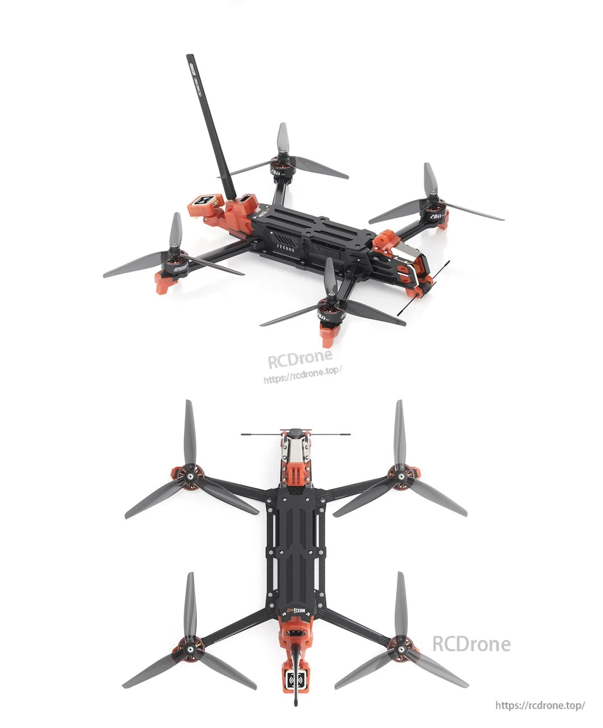 GEPRC MOZ7 V2 WTFPV, GEPRC MOZ7 V2 FPV quadcopter with black frame, orange mounts, four tri-blade props, and tall antenna