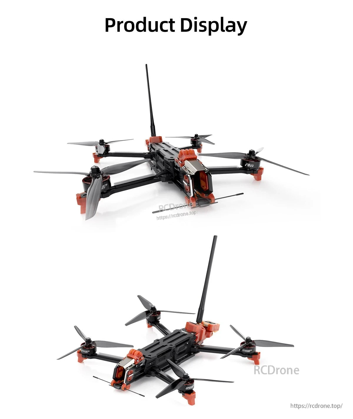 GEPRC MOZ7 V2 WTFPV FPV drone quadcopter with long antenna, black frame, orange accents and prop guards