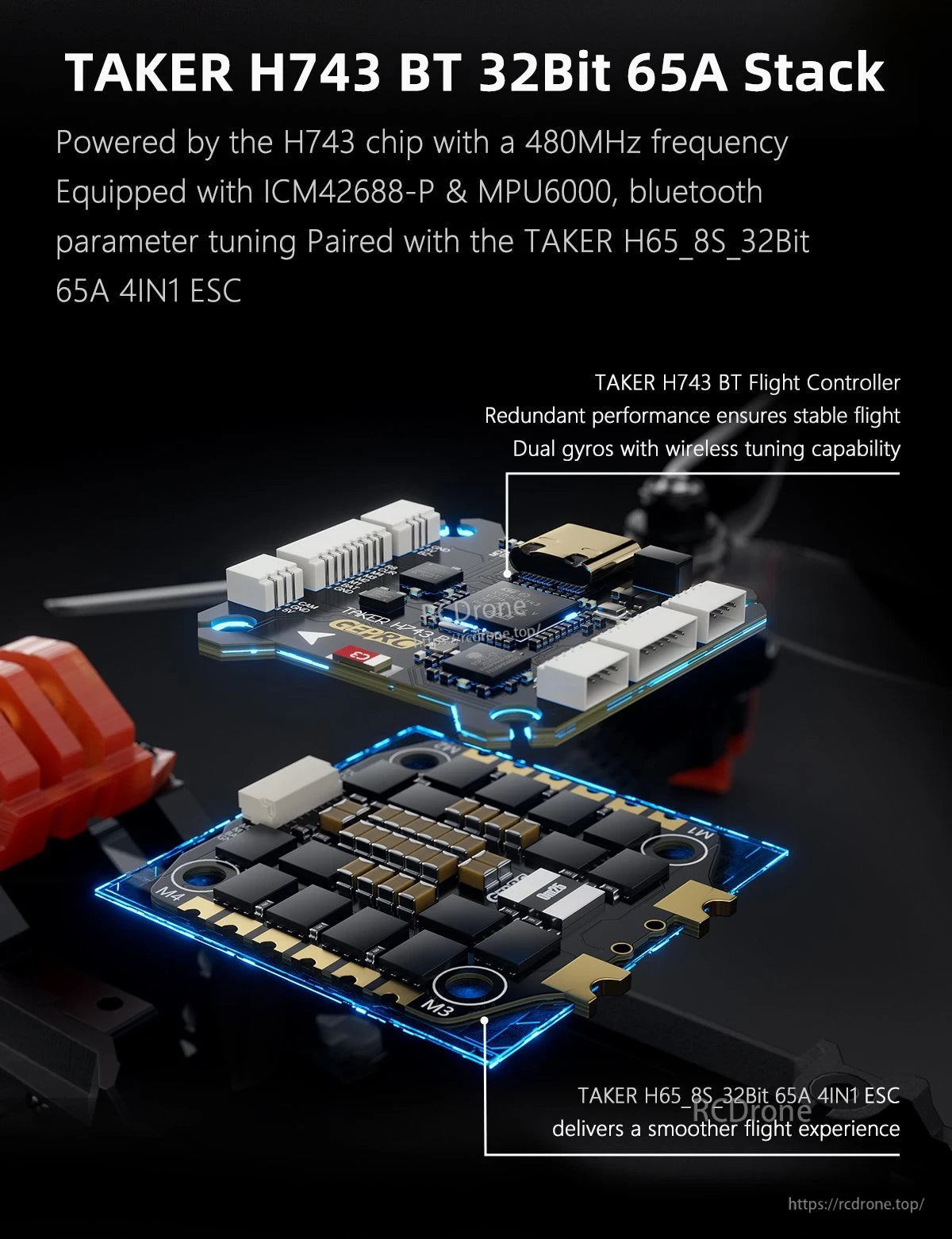 GEPRC MOZ7 V2 WTFPV, TAKER H743 BT 32-bit 65A FPV stack with H743 flight controller, Bluetooth tuning, and 4-in-1 ESC board