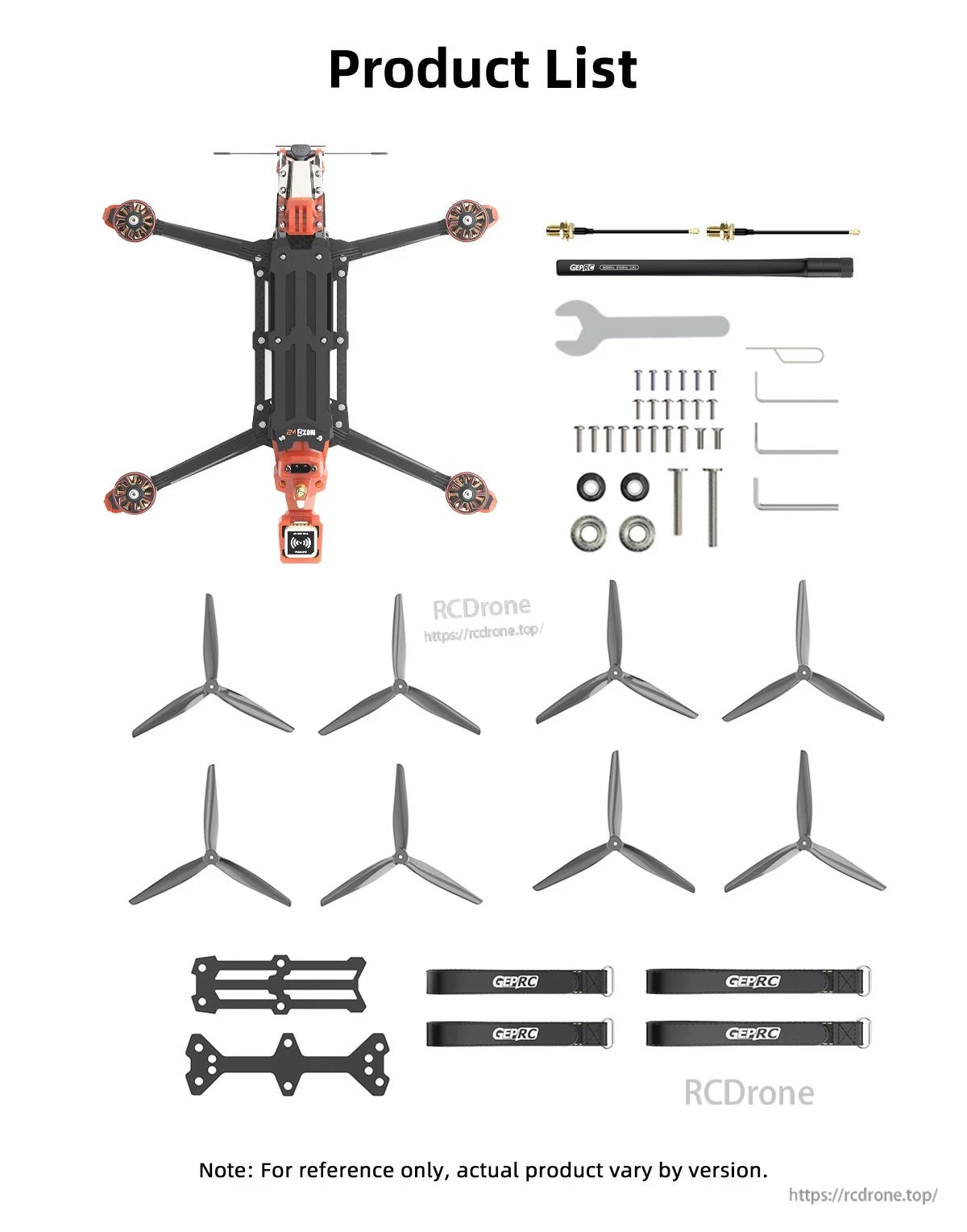 GEPRC MOZ7 V2 WTFPV, GEPRC MOZ7 V2 FPV quad frame kit parts list with propellers, antenna, battery straps, screws and tools