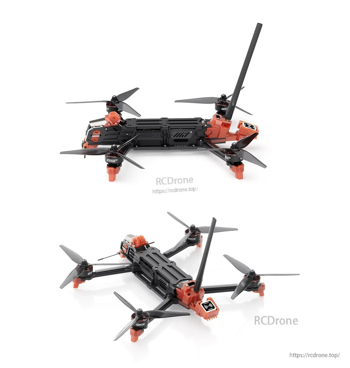 GEPRC MOZ7 V2 WTFPV, GEPRC MOZ7 V2 FPV quadcopter with orange frame parts, four propellers, and a tall rear antenna